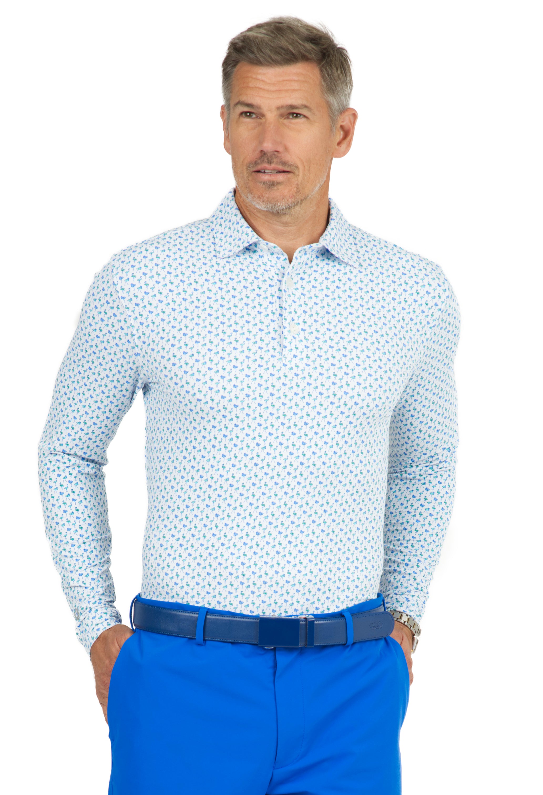 IBKÜL - Flamingo's Print Long Sleeve Polo - 95146 (Modern Fit) - Color: Jade/Green/Peri