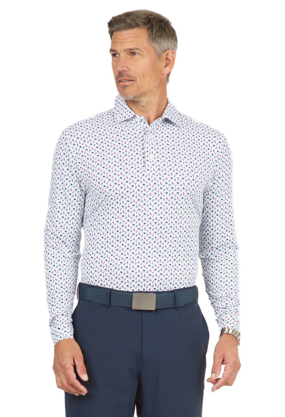 IBKÜL - Flamingo's Print Long Sleeve Polo - 95146 (Modern Fit) - Color: Peri/Hot Pink/Blue