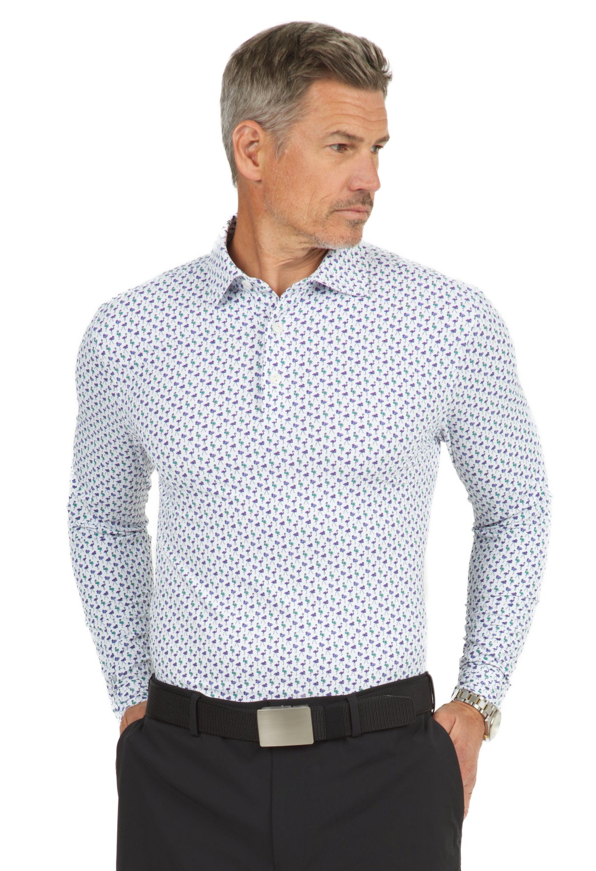 IBKÜL - Flamingo's Print Long Sleeve Polo - 95146 (Modern Fit) - Color: Plum/Green/Lavender