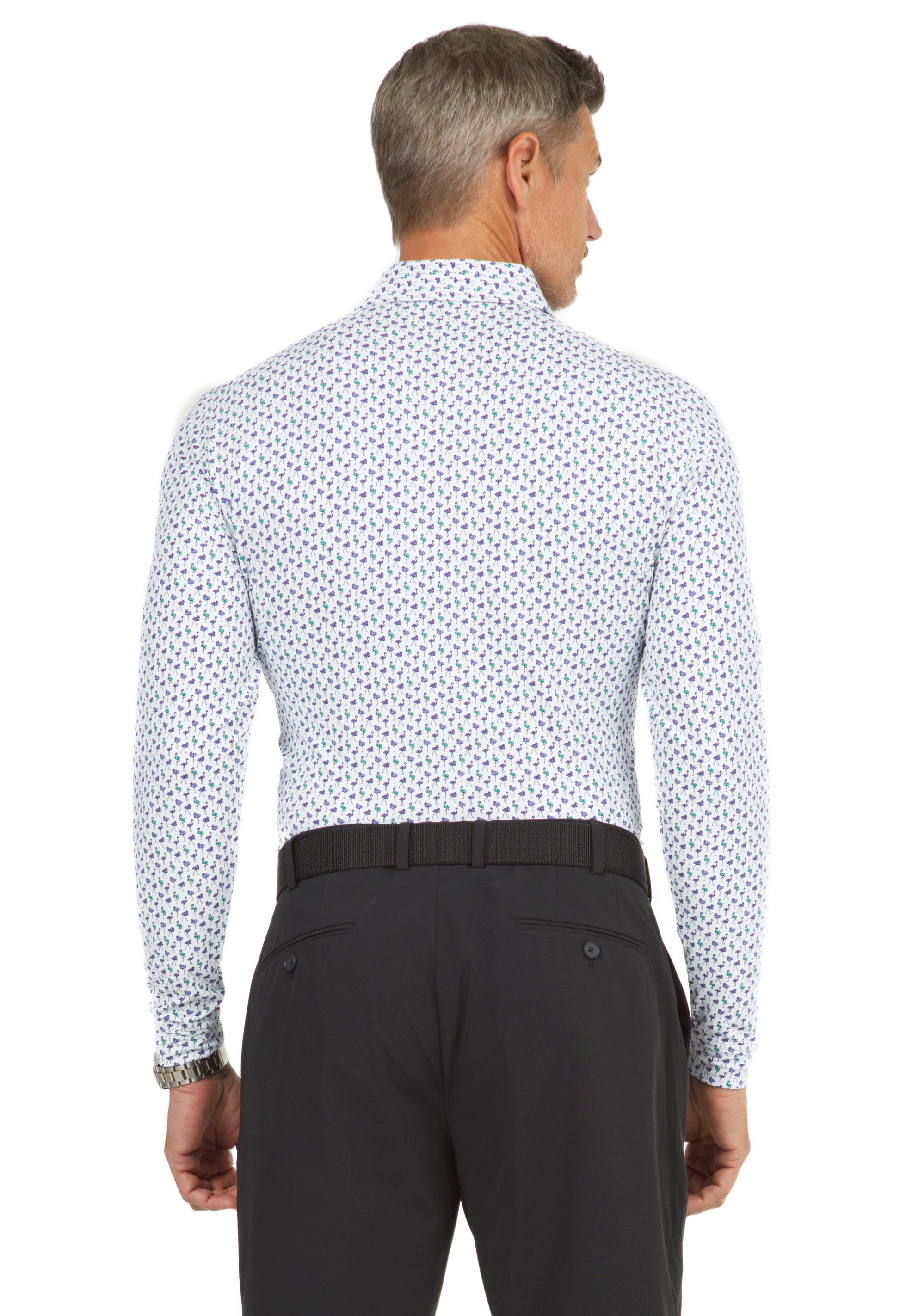 IBKÜL - Flamingo's Print Long Sleeve Polo - 95146 (Modern Fit) - Color: Plum/Green/Lavender