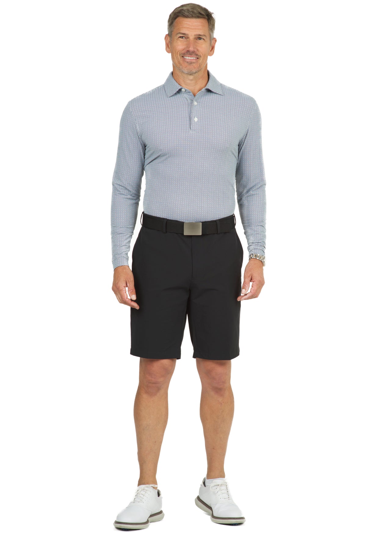 IBKÜL - Circle Grid Print Long Sleeve Polo – 95150 (Modern Fit) - Color: Black/White/Peri