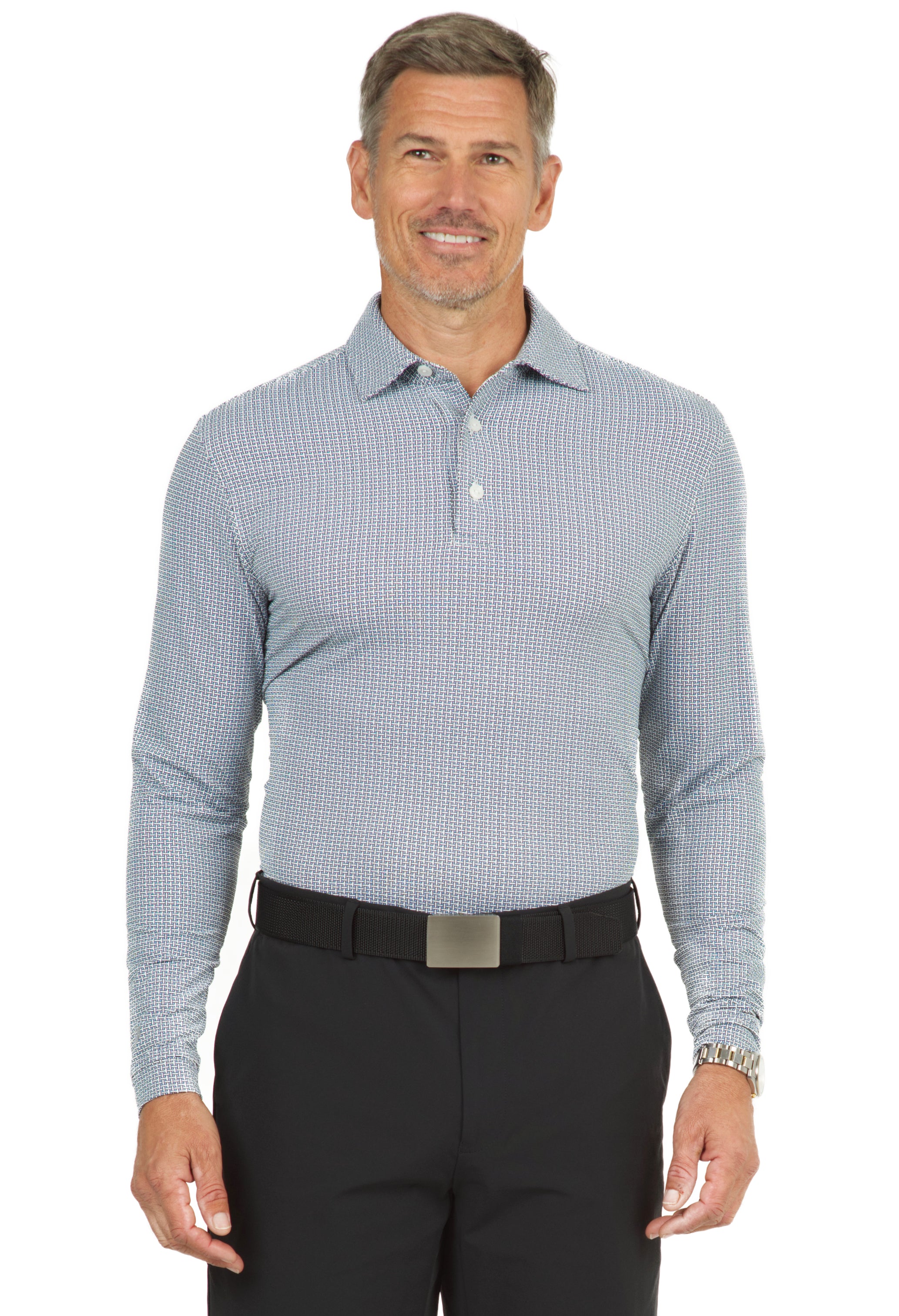 IBKÜL - Circle Grid Print Long Sleeve Polo – 95150 (Modern Fit) - Color: Black/White/Peri
