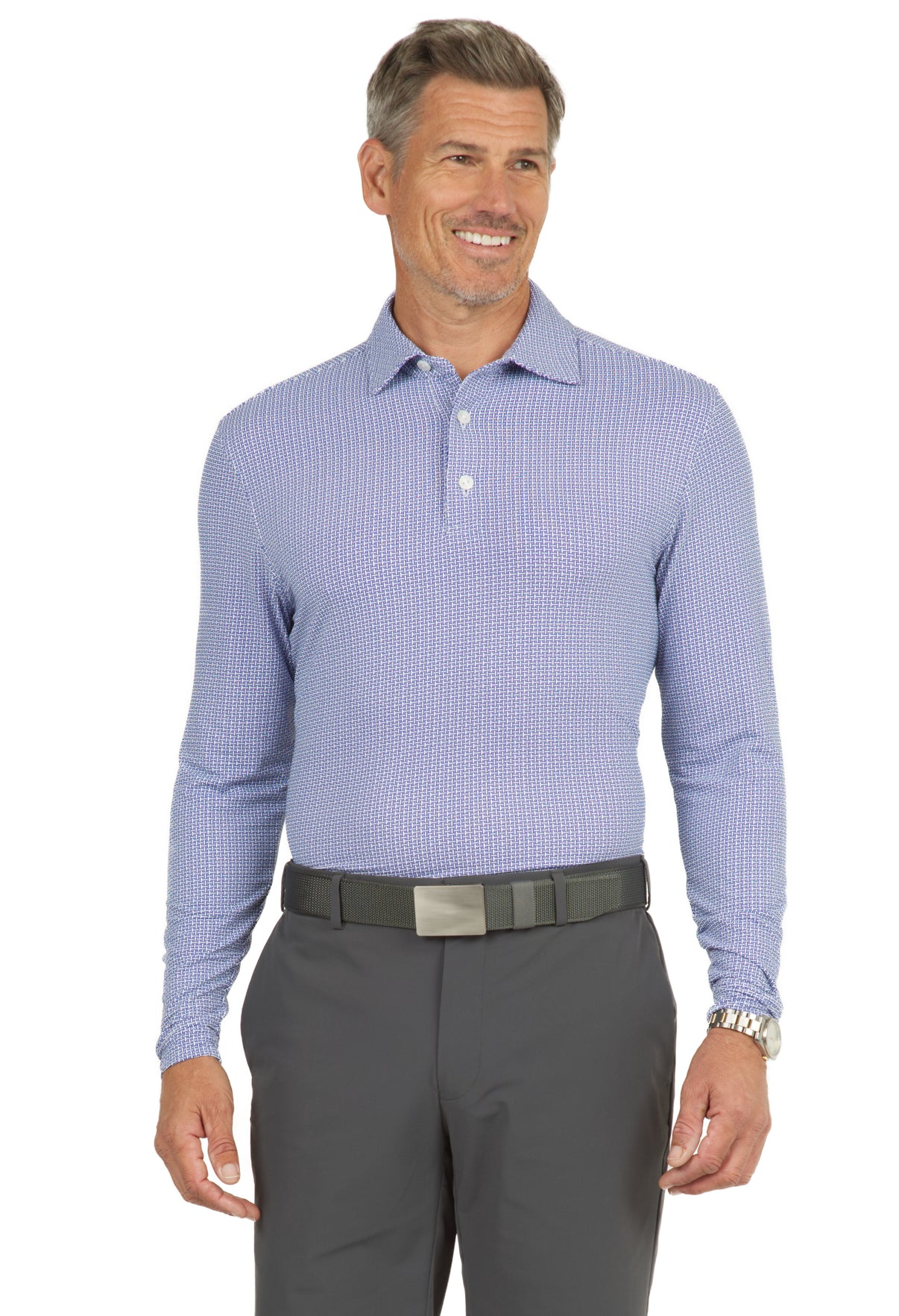 IBKÜL - Circle Grid Print Long Sleeve Polo – 95150 (Modern Fit) - Color: Navy/White/Lavender