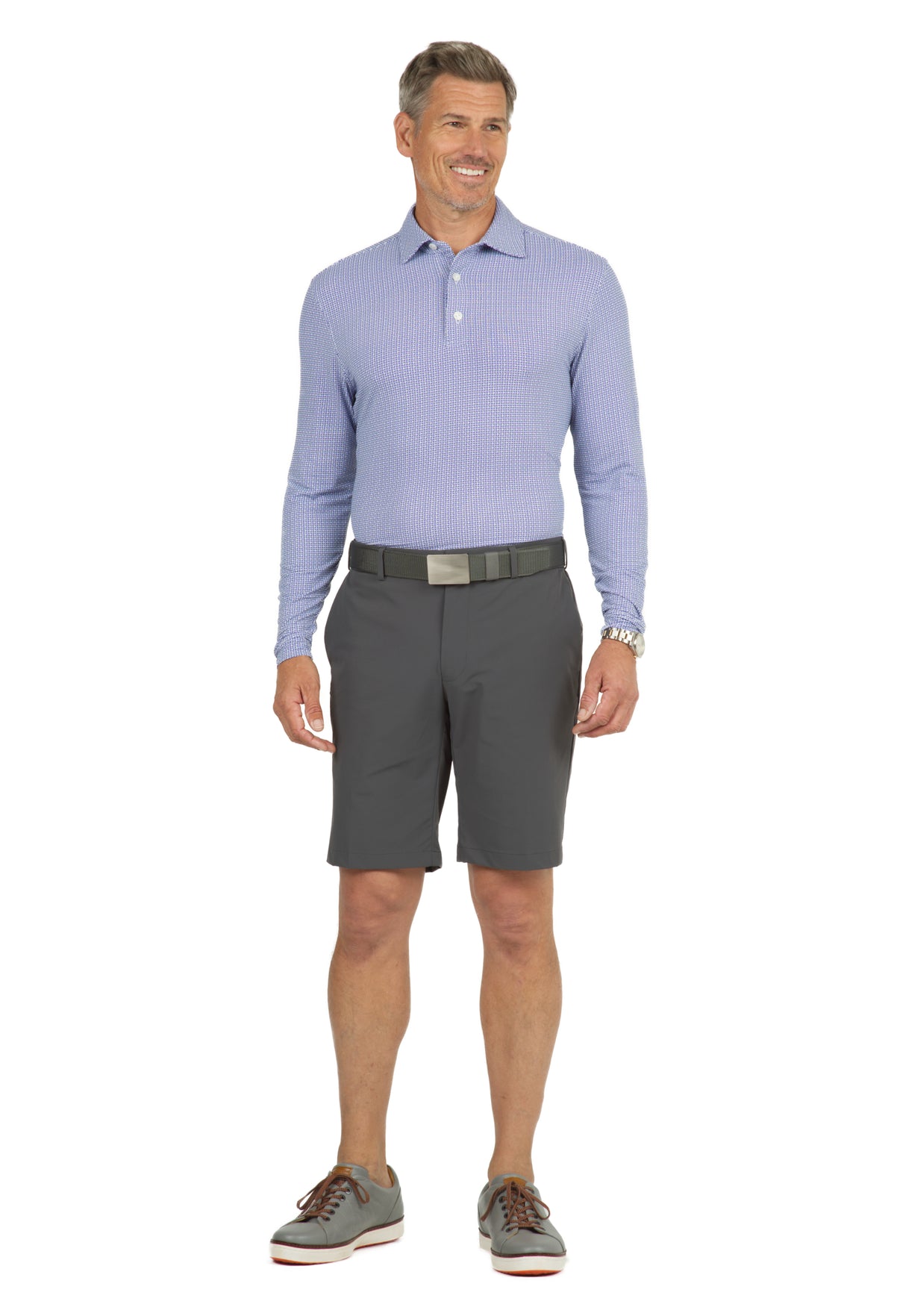 IBKÜL - Circle Grid Print Long Sleeve Polo – 95150 (Modern Fit) - Color: Navy/White/Lavender