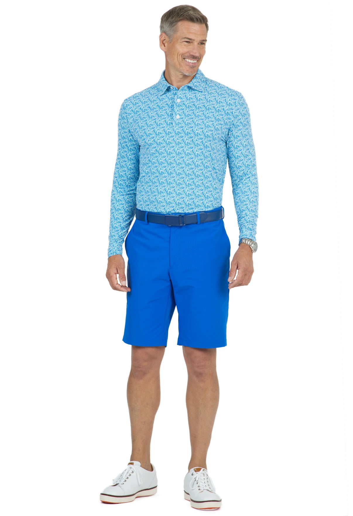 IBKÜL - Tropical Leaves Print Long Sleeve Polo – 95158 (Modern Fit) - Color: Mint/Royal