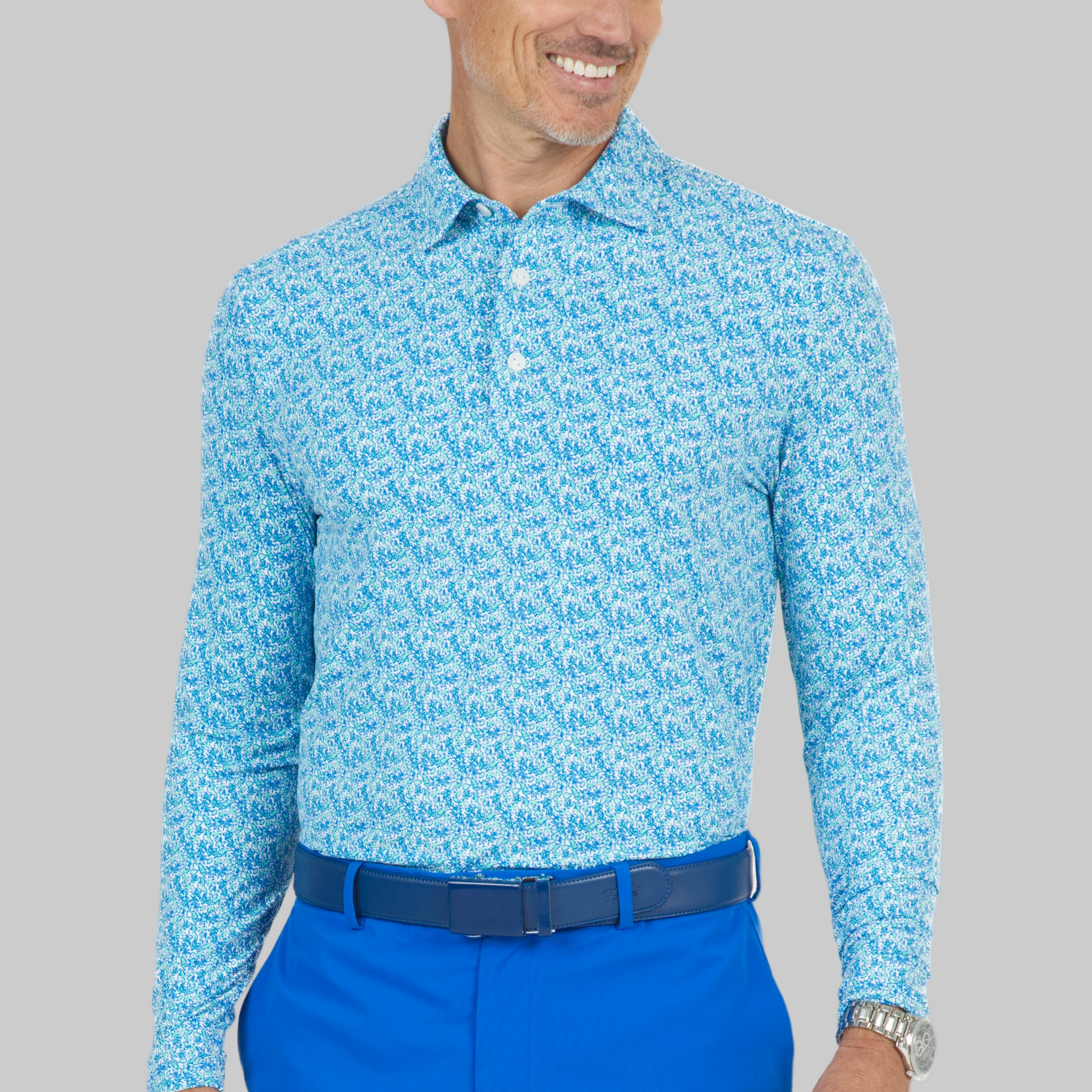 Tropical Leaves Print Long Sleeve Polo – 95158 (Modern Fit)