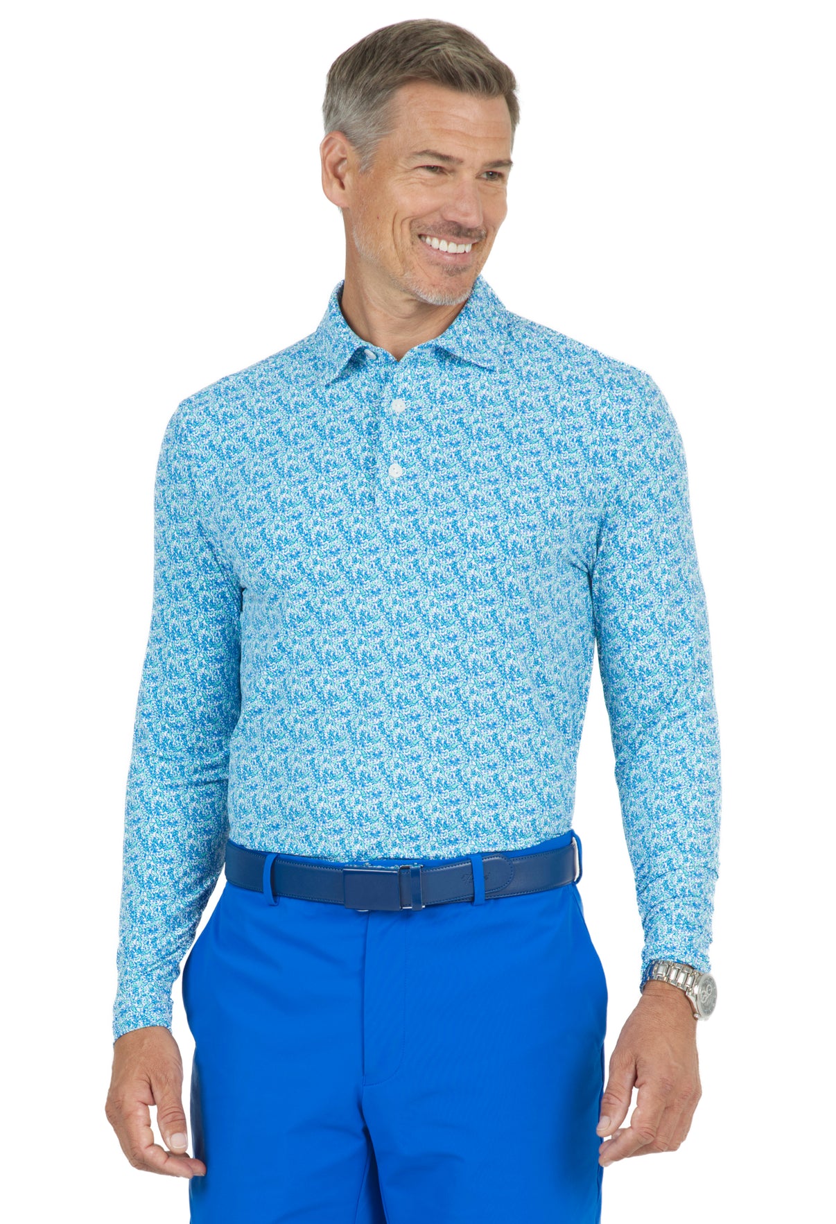 IBKÜL - Tropical Leaves Print Long Sleeve Polo – 95158 (Modern Fit) - Color: Mint/Royal