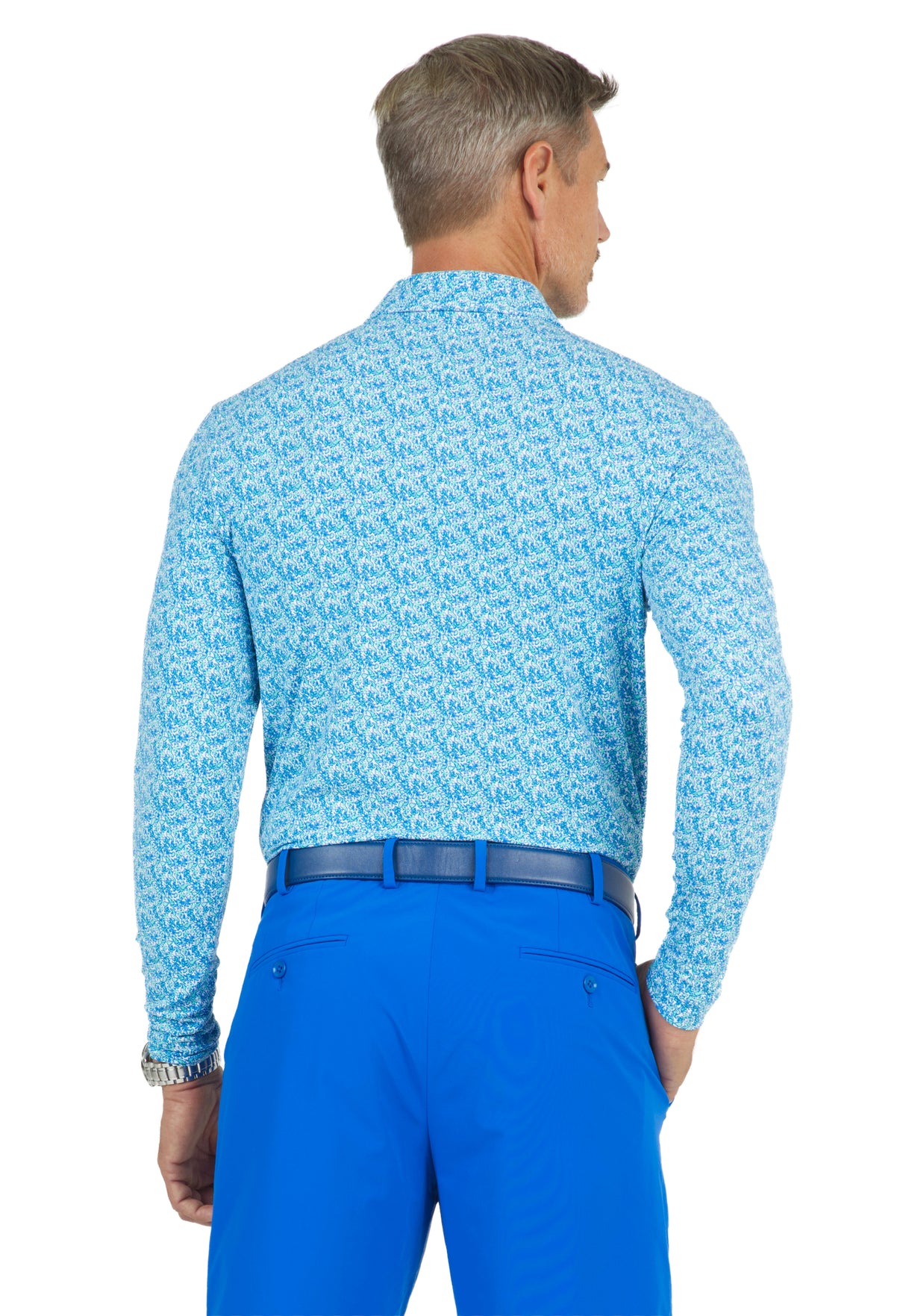 IBKÜL - Tropical Leaves Print Long Sleeve Polo – 95158 (Modern Fit) - Color: Mint/Royal