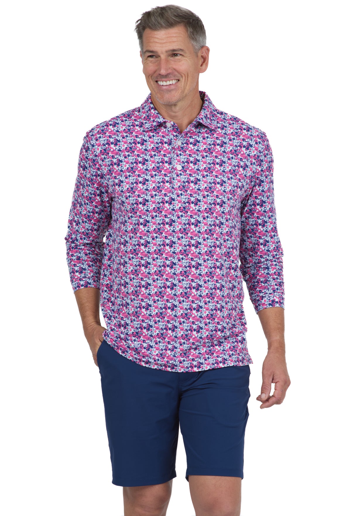 IBKÜL - Chaos Print Long Sleeve Polo – 95162 (Modern Fit) - Color: Watermelon/Ink