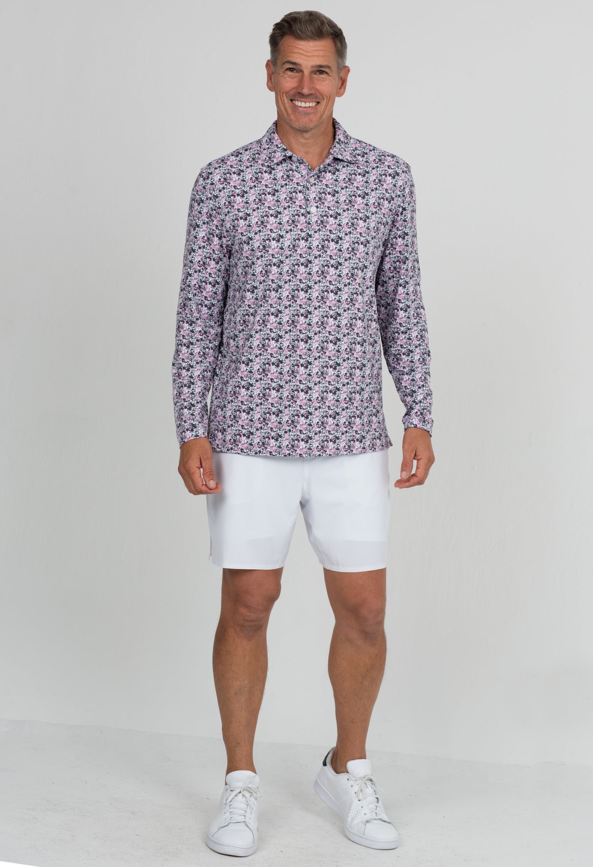 IBKÜL - Chaos Print Long Sleeve Polo – 95162 (Modern Fit) - Color: Lt. Pink/Charcoal