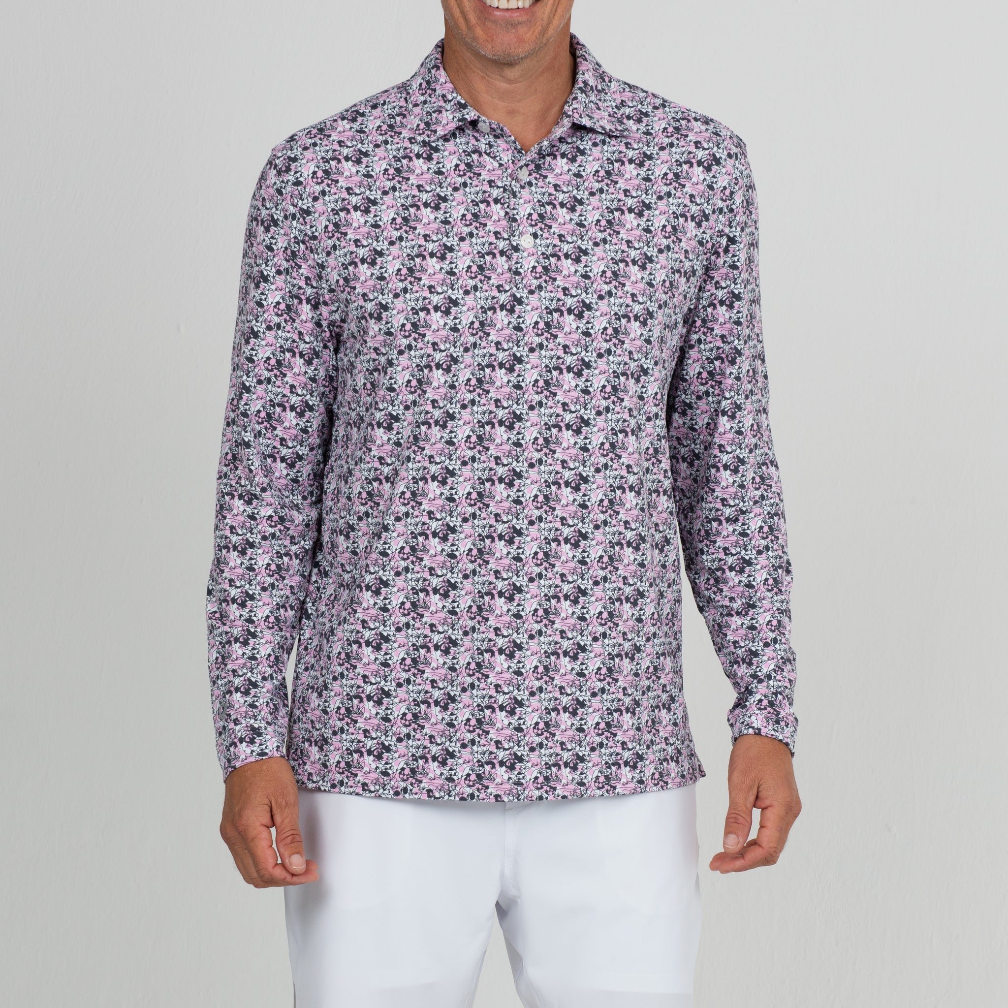 IBKÜL - Chaos Print Long Sleeve Polo – 95162 (Modern Fit) - Color: Lt. Pink/Charcoal