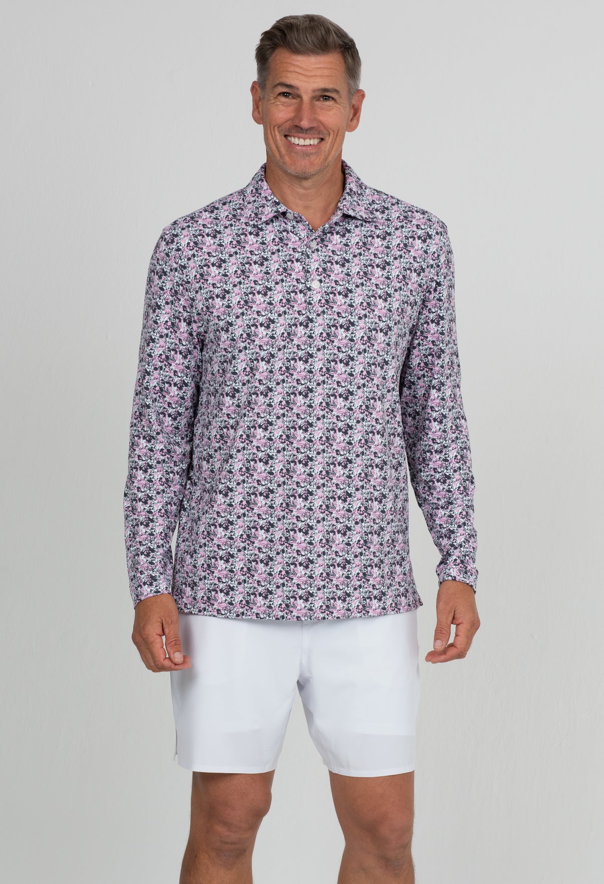 IBKÜL - Chaos Print Long Sleeve Polo – 95162 (Modern Fit) - Color: Lt. Pink/Charcoal