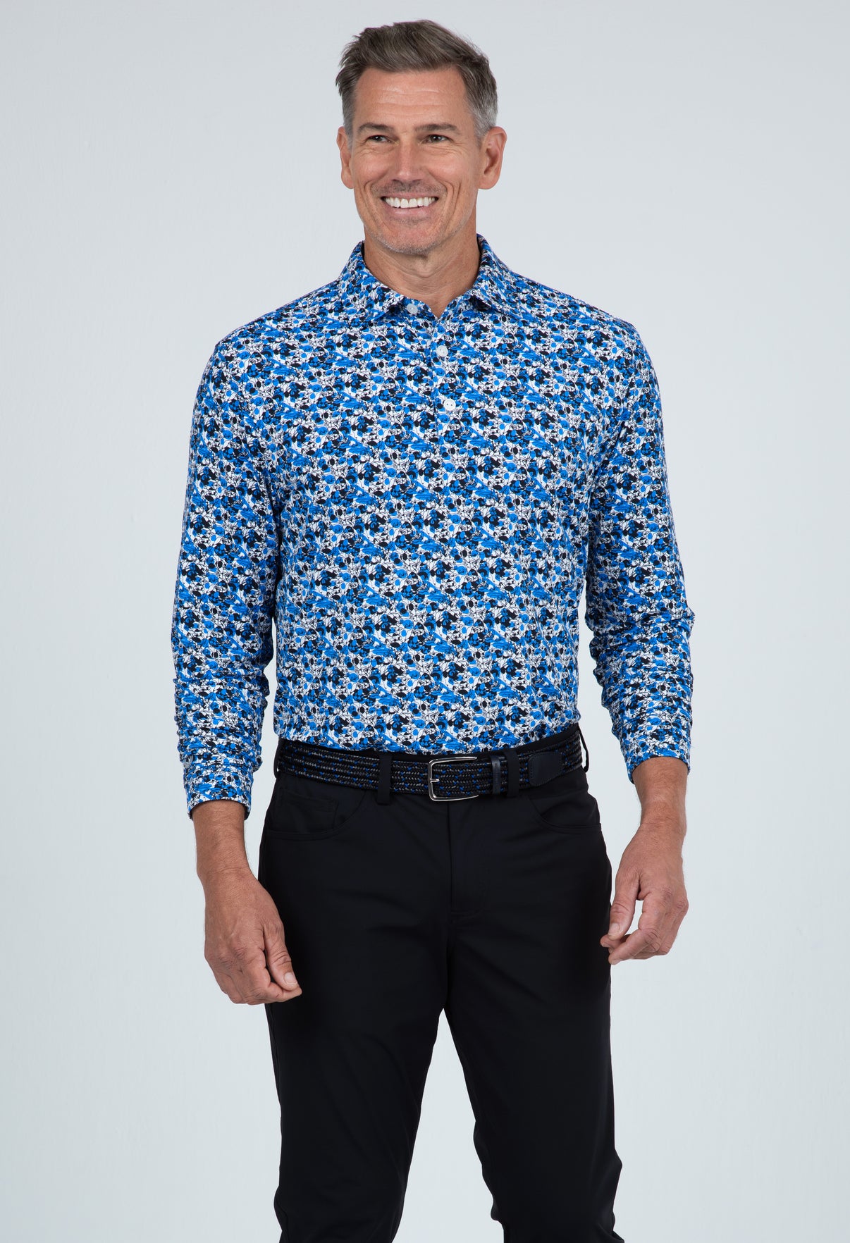 IBKÜL - Chaos Print Long Sleeve Polo – 95162 (Modern Fit) - Color: Royal/Black
