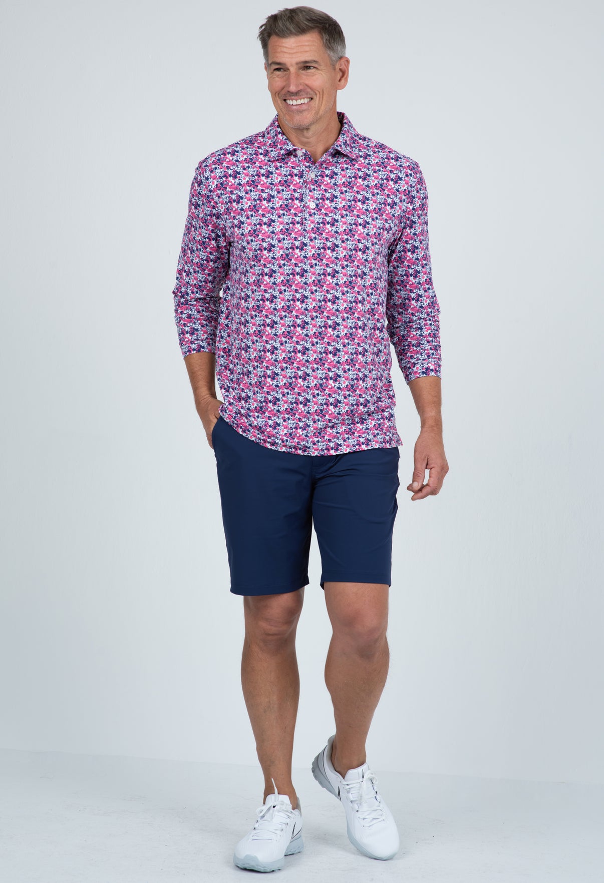 IBKÜL - Chaos Print Long Sleeve Polo – 95162 (Modern Fit) - Color: Watermelon/Ink