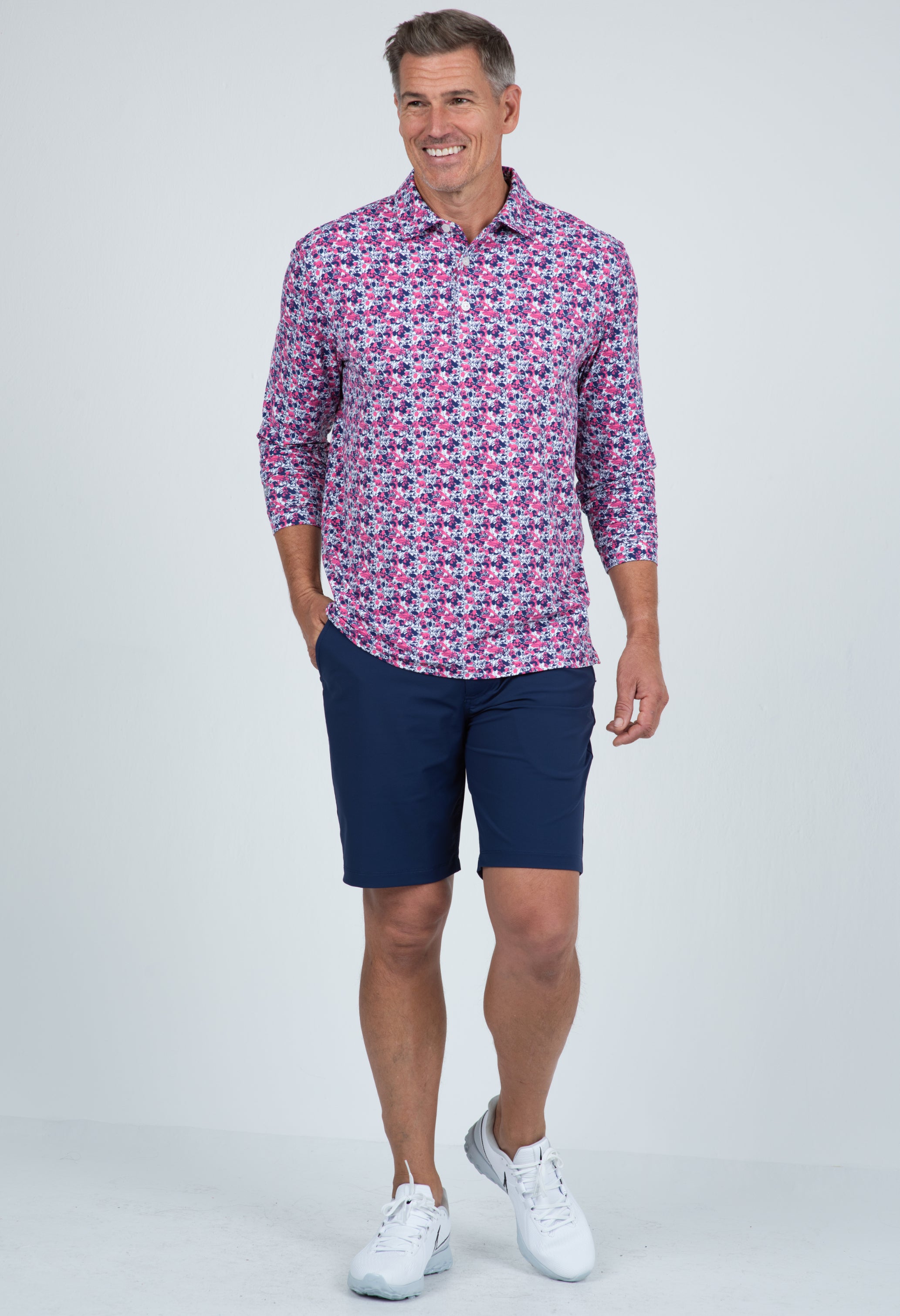 IBKÜL - Chaos Print Long Sleeve Polo – 95162 (Modern Fit) - Color: Watermelon/Ink