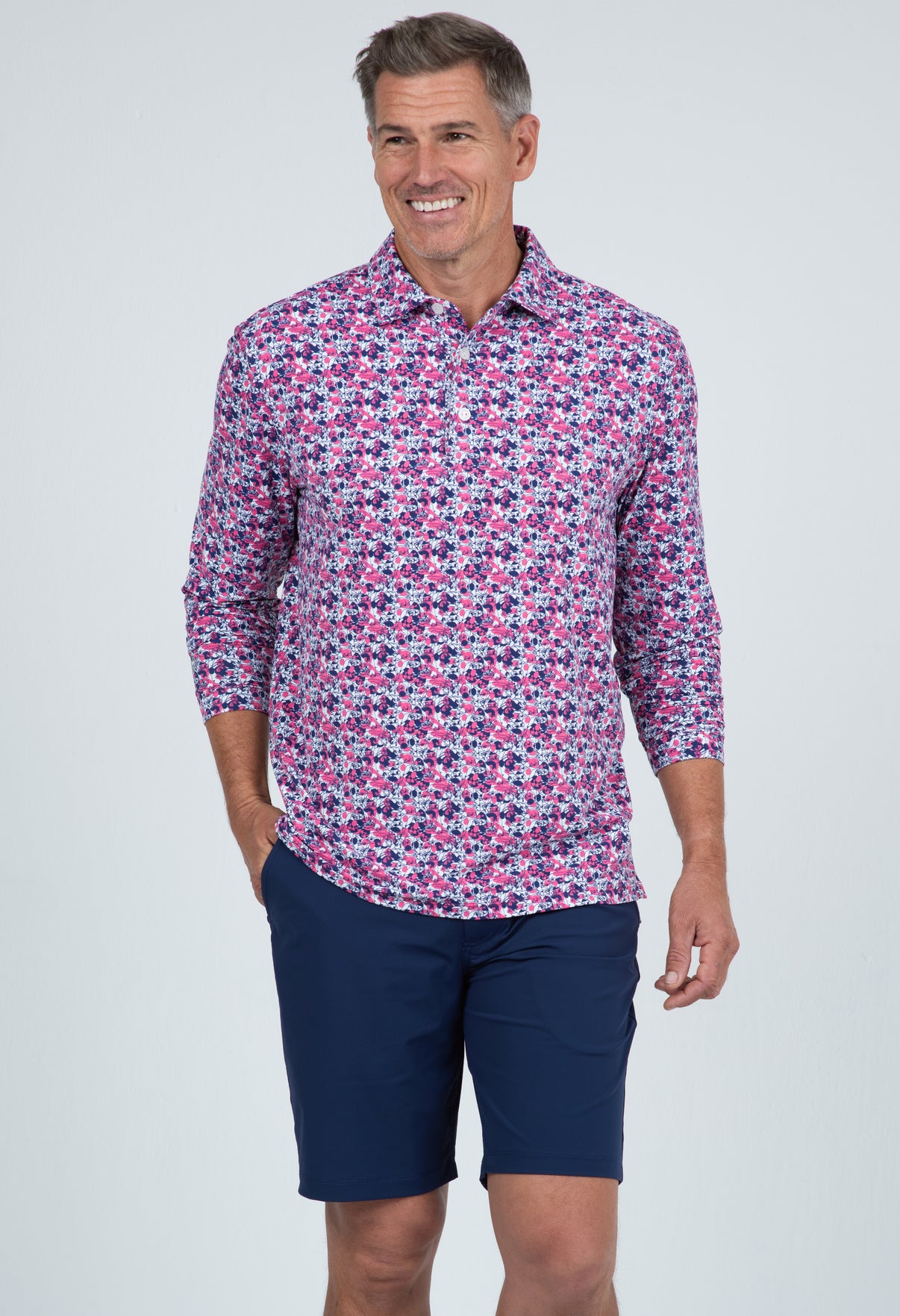 IBKÜL - Chaos Print Long Sleeve Polo – 95162 (Modern Fit) - Color: Watermelon/Ink