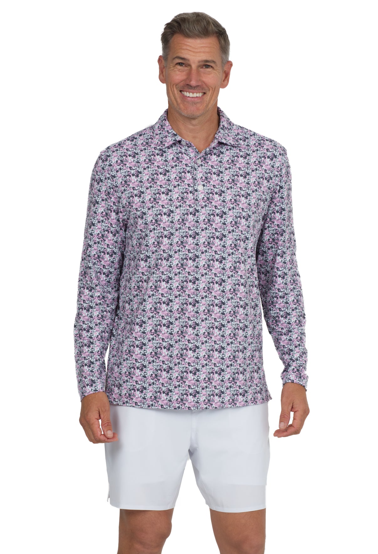 IBKÜL - Chaos Print Long Sleeve Polo – 95162 (Modern Fit) - Color: Lt. Pink/Charcoal