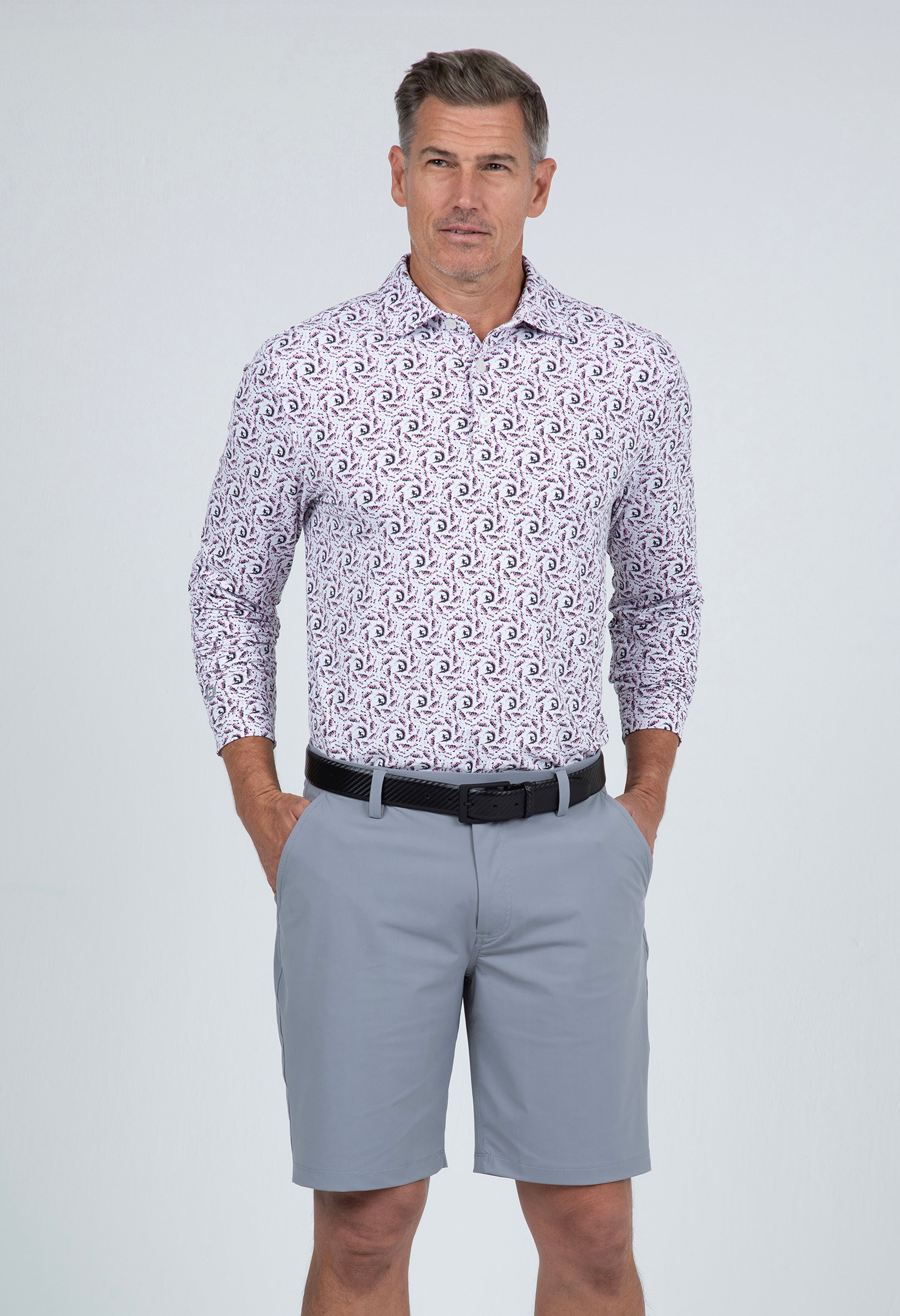 IBKÜL - Big Wave Print Long Sleeve Polo – 95166 (Modern Fit) - Color: Lt. Pink/Charcoal/Wht