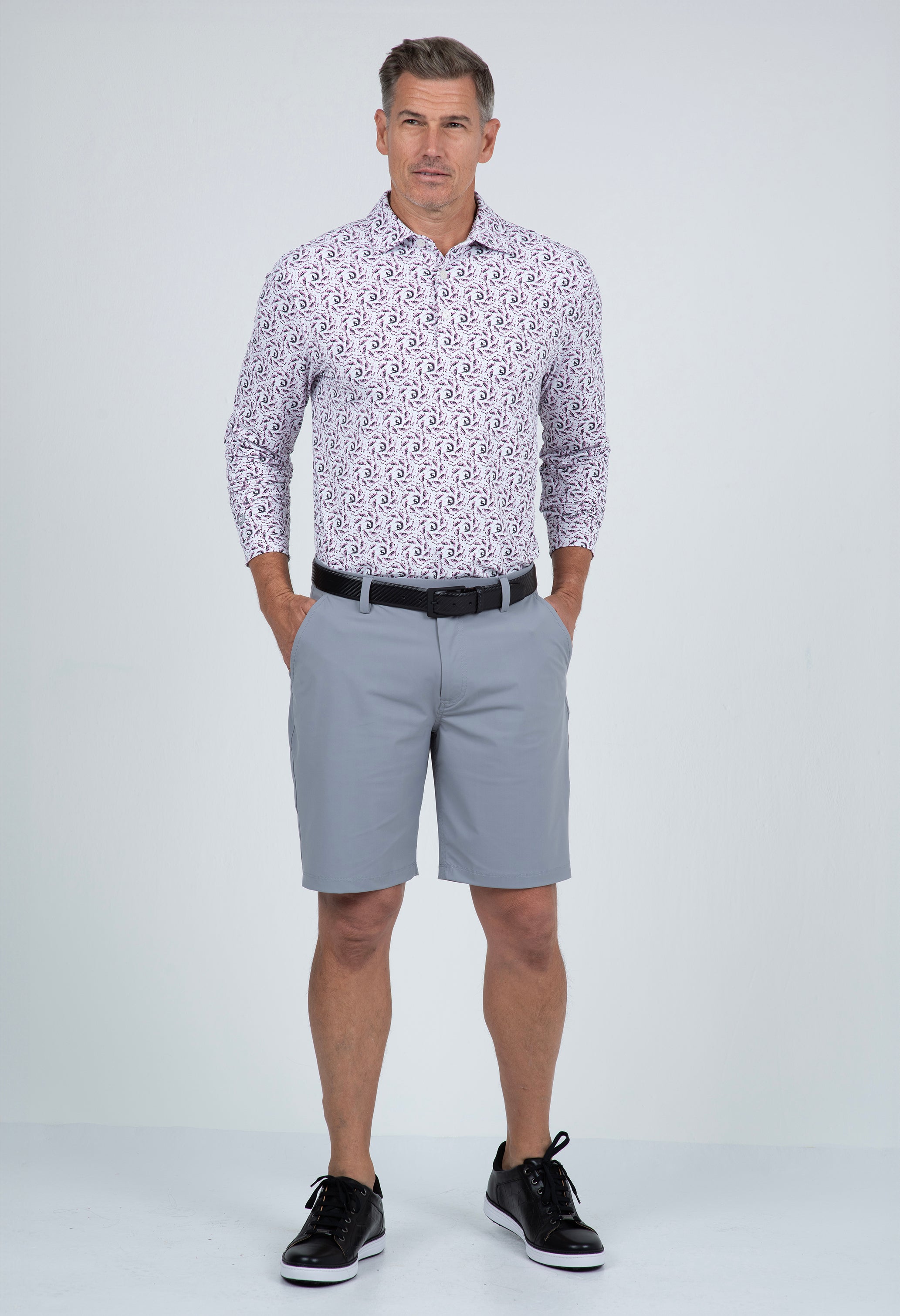 IBKÜL - Big Wave Print Long Sleeve Polo – 95166 (Modern Fit) - Color: Lt. Pink/Charcoal/Wht