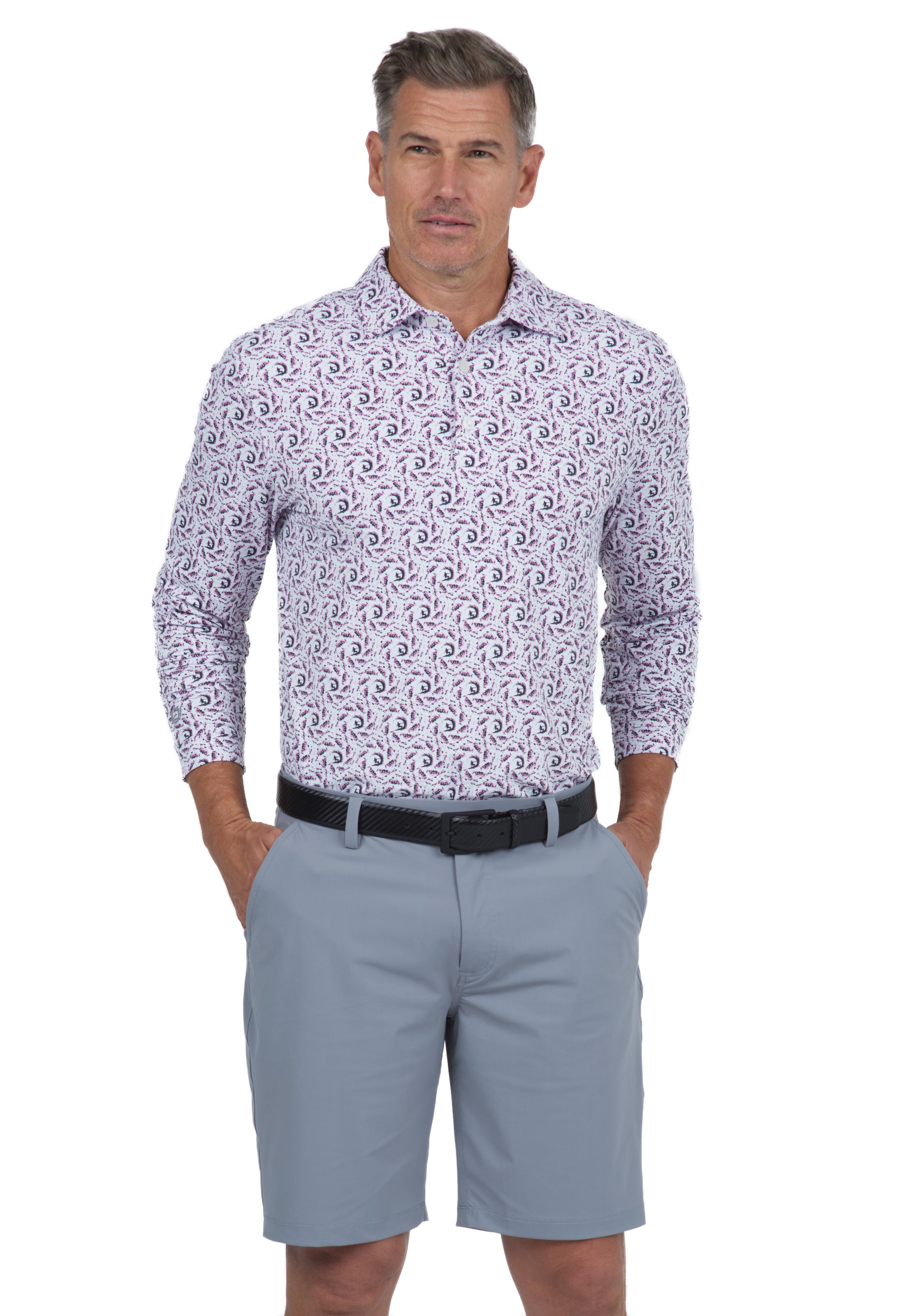 IBKÜL - Big Wave Print Long Sleeve Polo – 95166 (Modern Fit) - Color: Lt. Pink/Charcoal/Wht