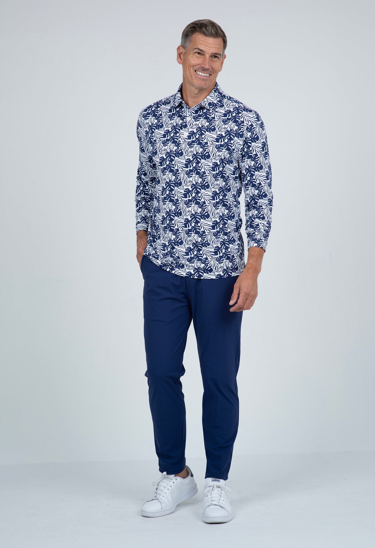 IBKÜL - Tropical Print Long Sleeve Polo – 95168 (Modern Fit) - Color: White/Ink