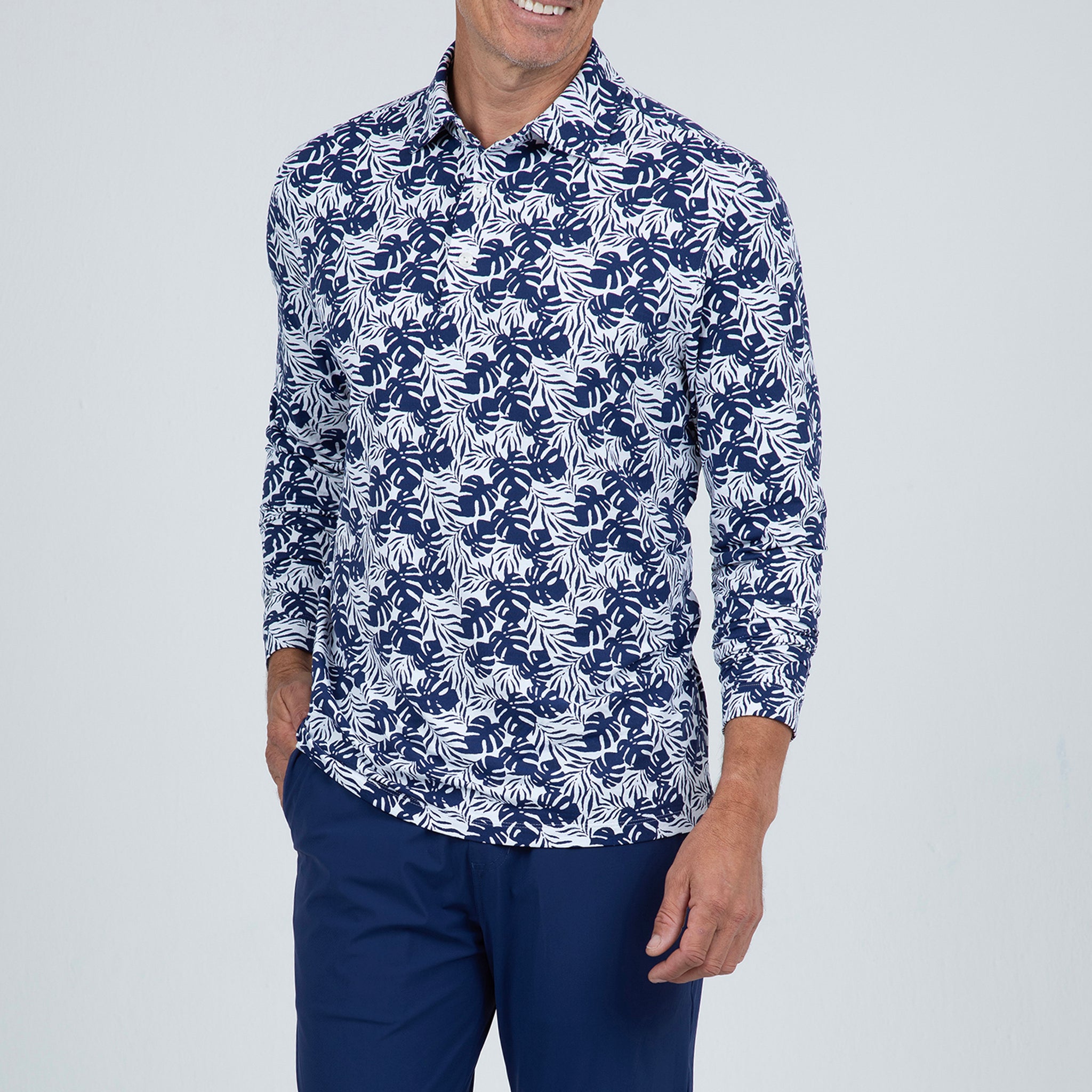 IBKÜL - Tropical Print Long Sleeve Polo – 95168 (Modern Fit) - Color: White/Ink