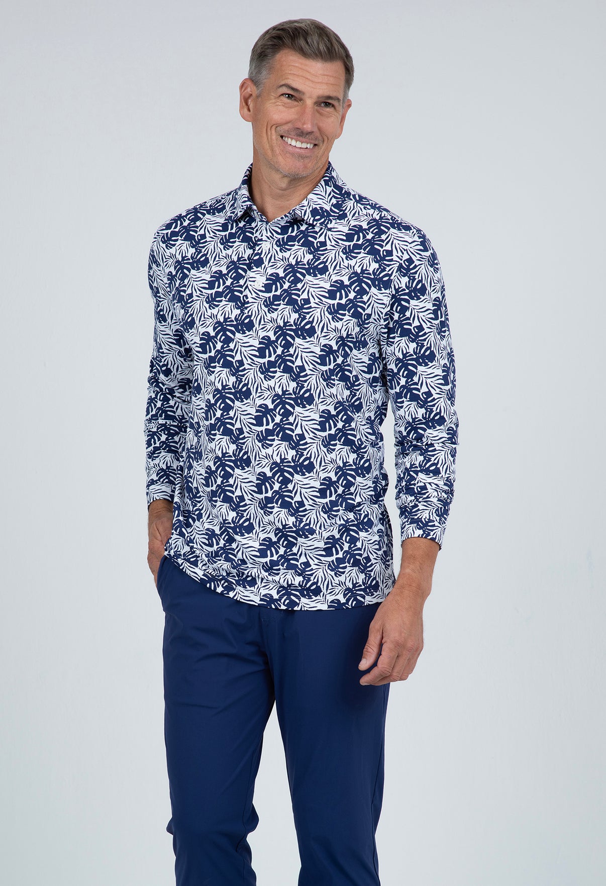 IBKÜL - Tropical Print Long Sleeve Polo – 95168 (Modern Fit) - Color: White/Ink