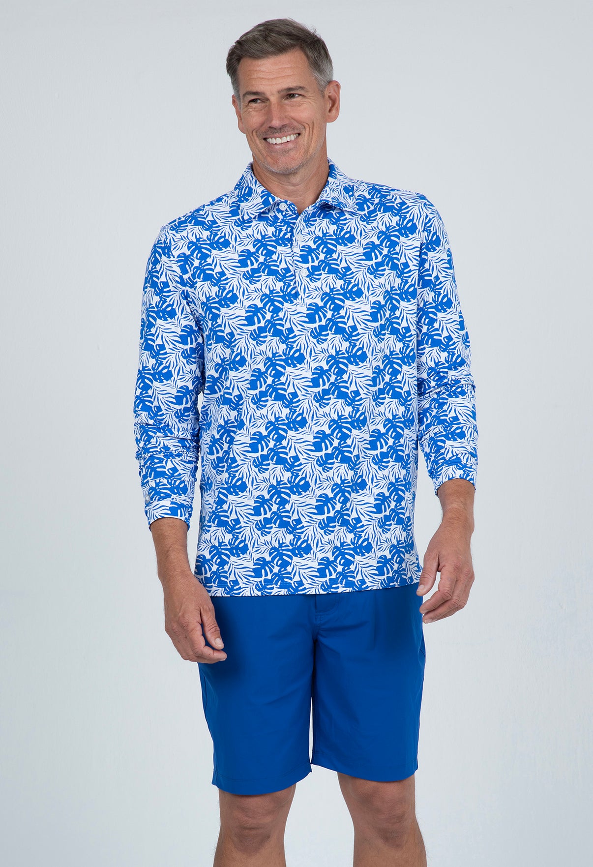 IBKÜL - Tropical Print Long Sleeve Polo – 95168 (Modern Fit) - Color: White/Royal