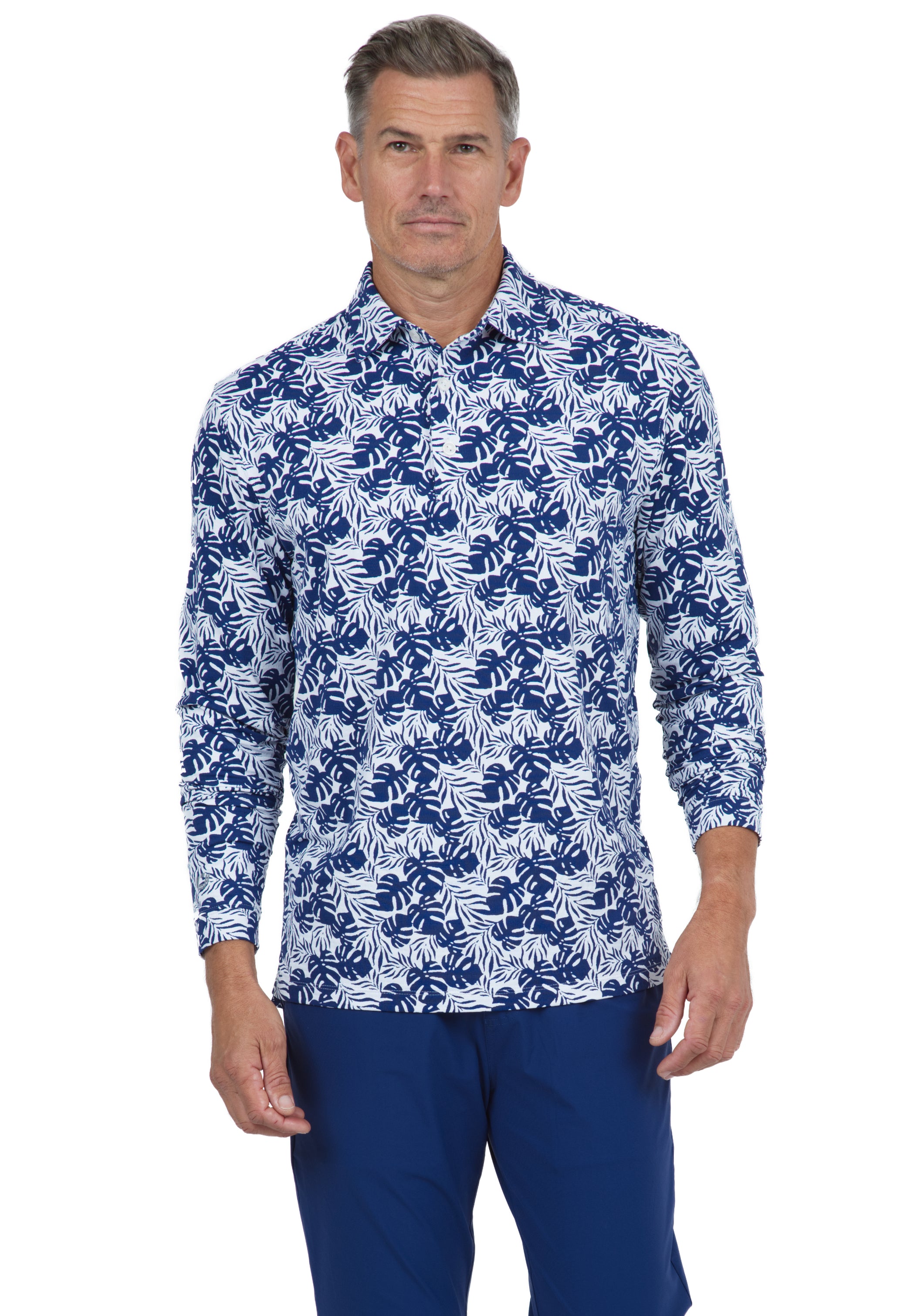 IBKÜL - Tropical Print Long Sleeve Polo – 95168 (Modern Fit) - Color: White/Ink