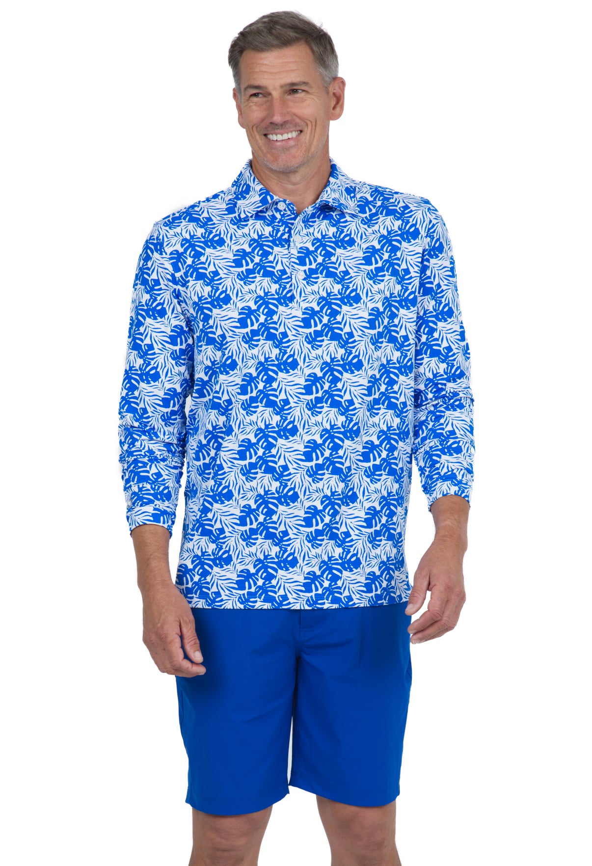 IBKÜL - Tropical Print Long Sleeve Polo – 95168 (Modern Fit) - Color: White/Royal