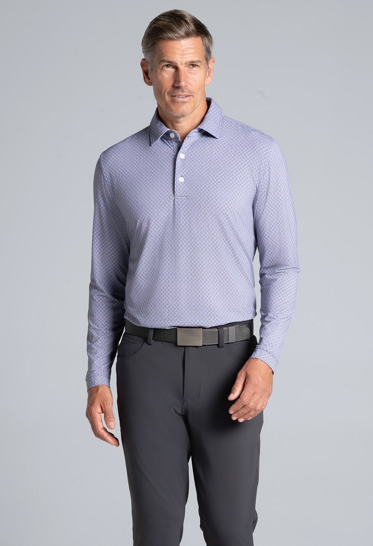 IBKÜL - Square Spiral Print Long Sleeve Polo – 95169 (Modern Fit) - Color: Charcoal/Plum