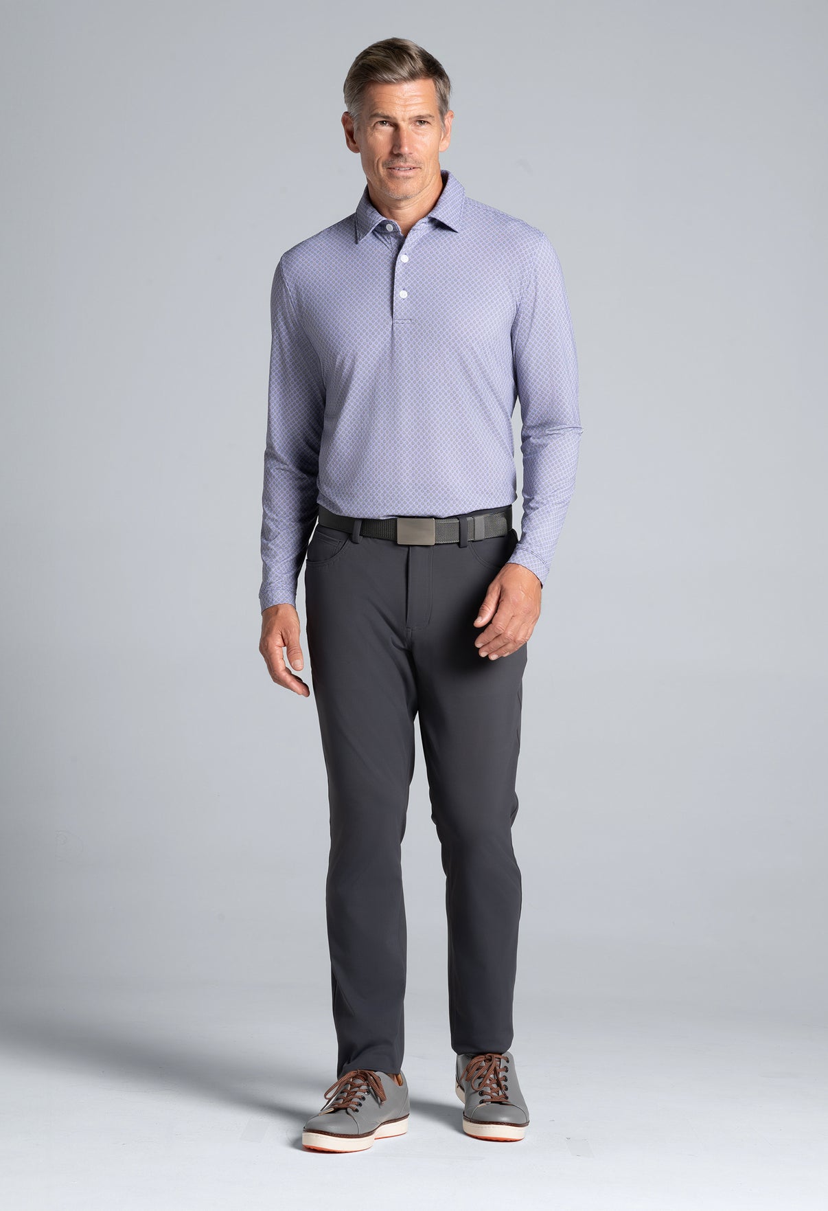 IBKÜL - Square Spiral Print Long Sleeve Polo – 95169 (Modern Fit) - Color: Charcoal/Plum