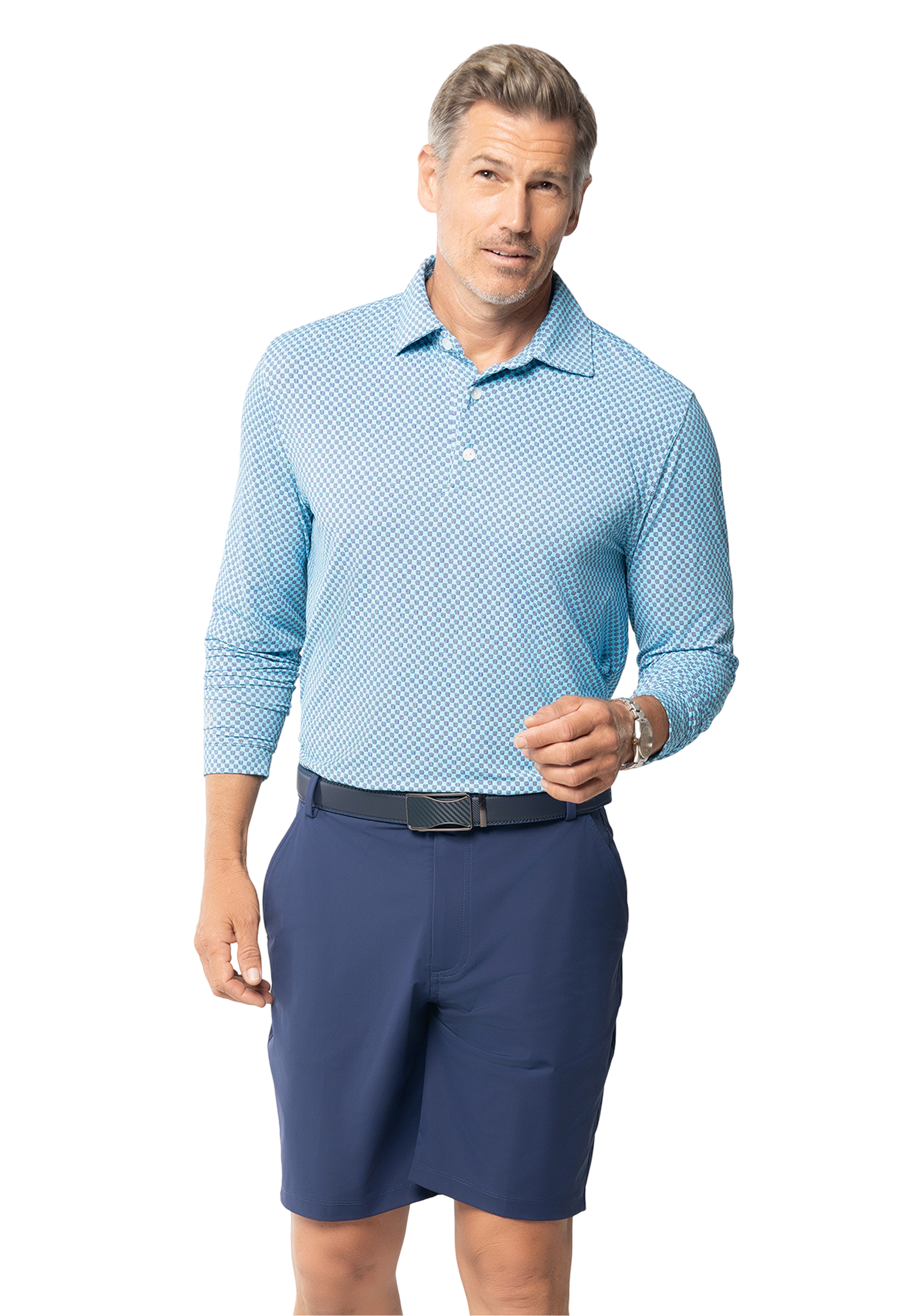 IBKÜL - Square Spiral Print Long Sleeve Polo – 95169 (Modern Fit) - Color: Ink/Turq/White