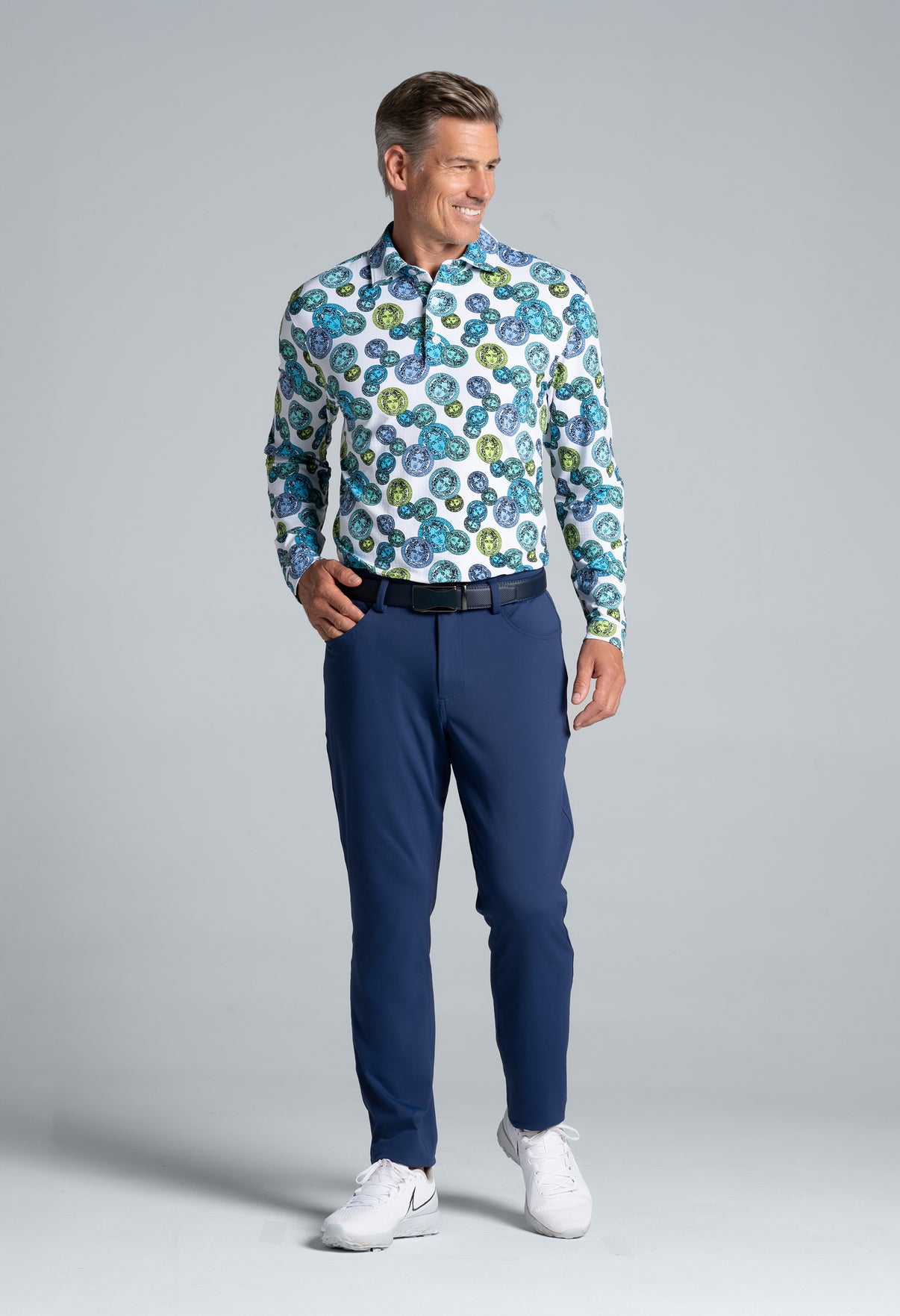 IBKÜL - Medusa Print Long Sleeve Polo – 95171 (Modern Fit) - Color: Turq Multi