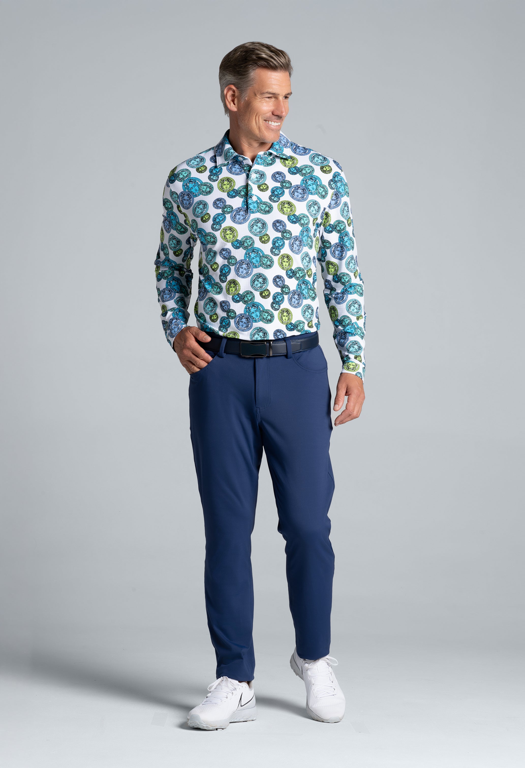 IBKÜL - Medusa Print Long Sleeve Polo – 95171 (Modern Fit) - Color: Turq Multi
