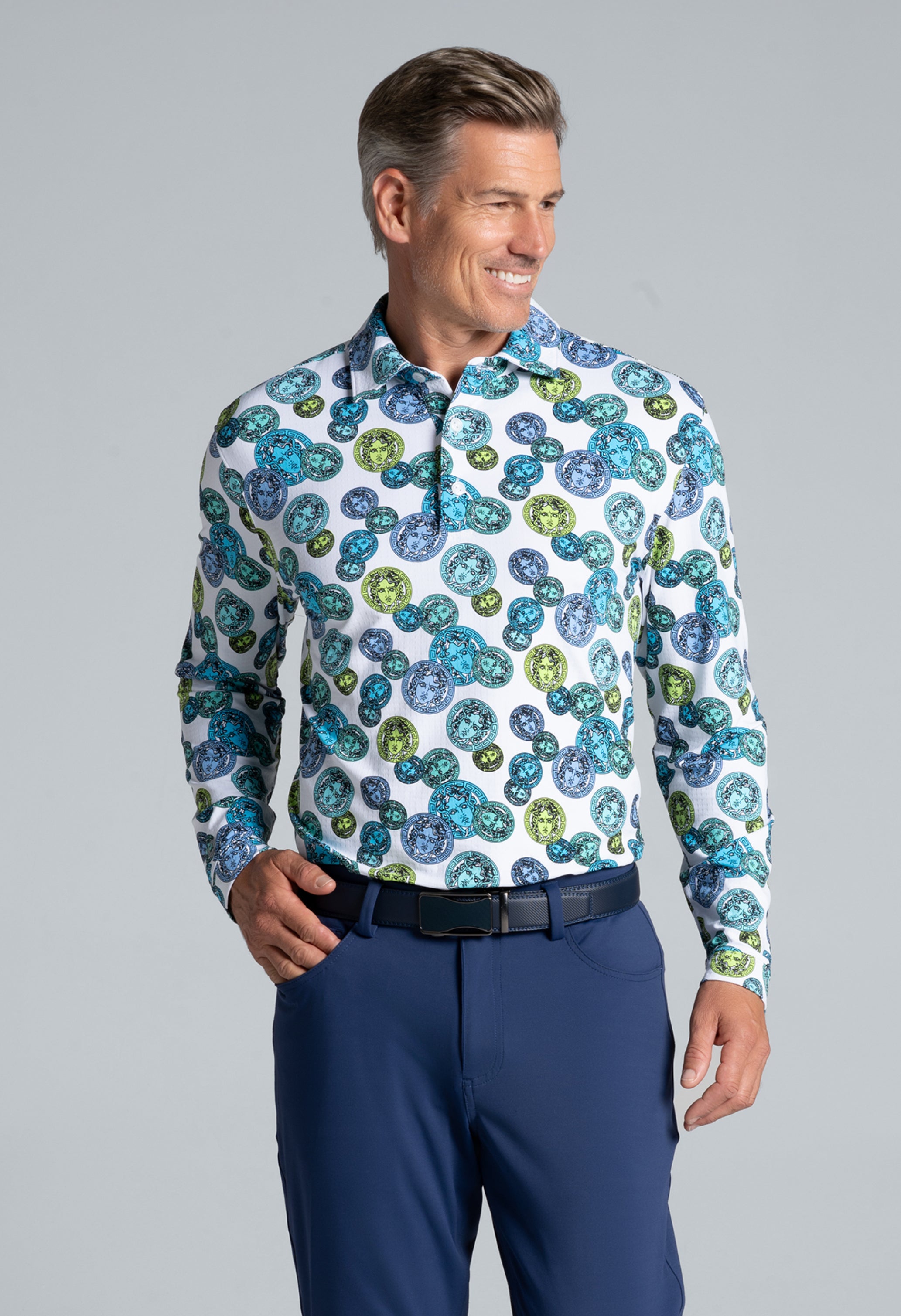 IBKÜL - Medusa Print Long Sleeve Polo – 95171 (Modern Fit) - Color: Turq Multi