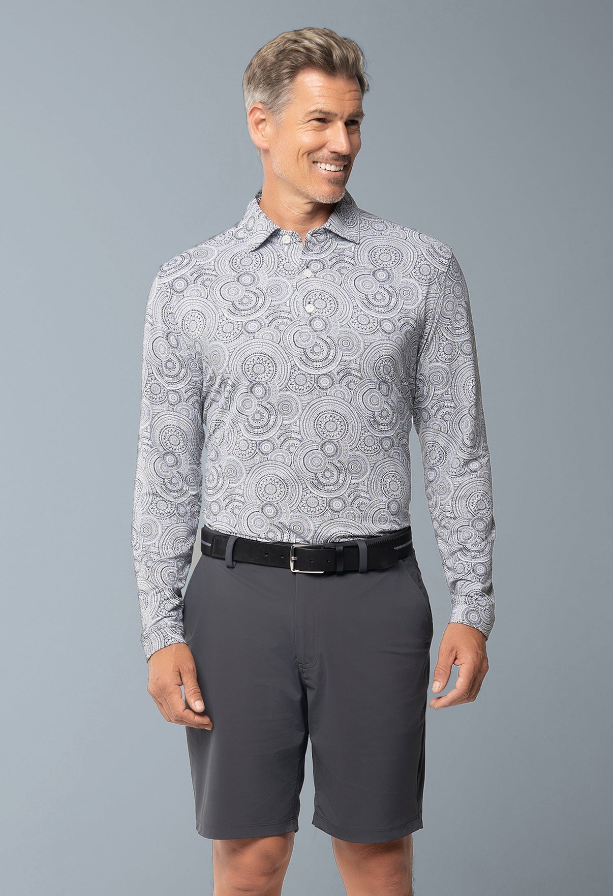 IBKÜL - Pricilla Print Long Sleeve Polo – 95173 (Modern Fit) - Color: Charcoal/White