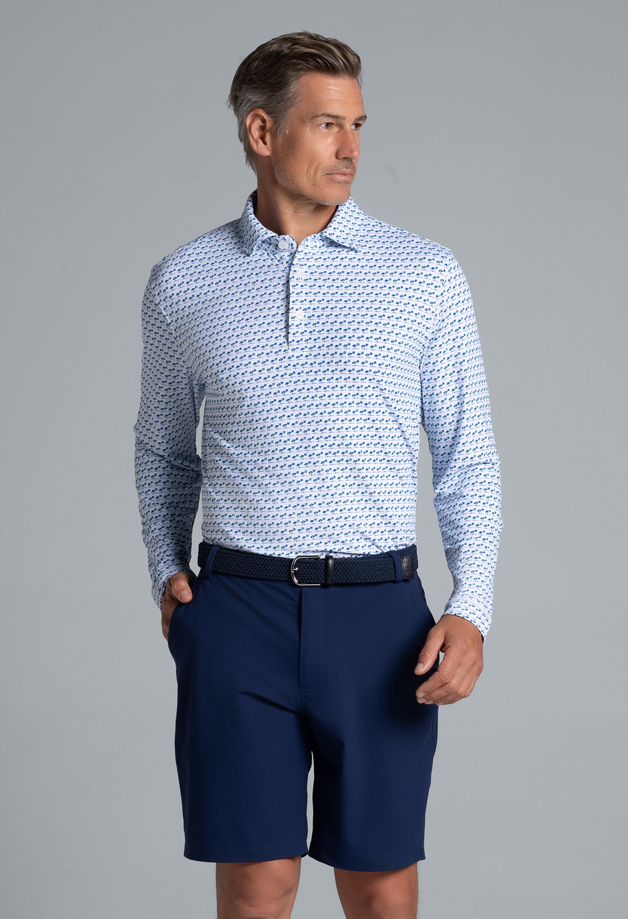 IBKÜL - Beach Day Print Long Sleeve Polo – 95174 (Modern Fit) - Color: Royal/Lime/White