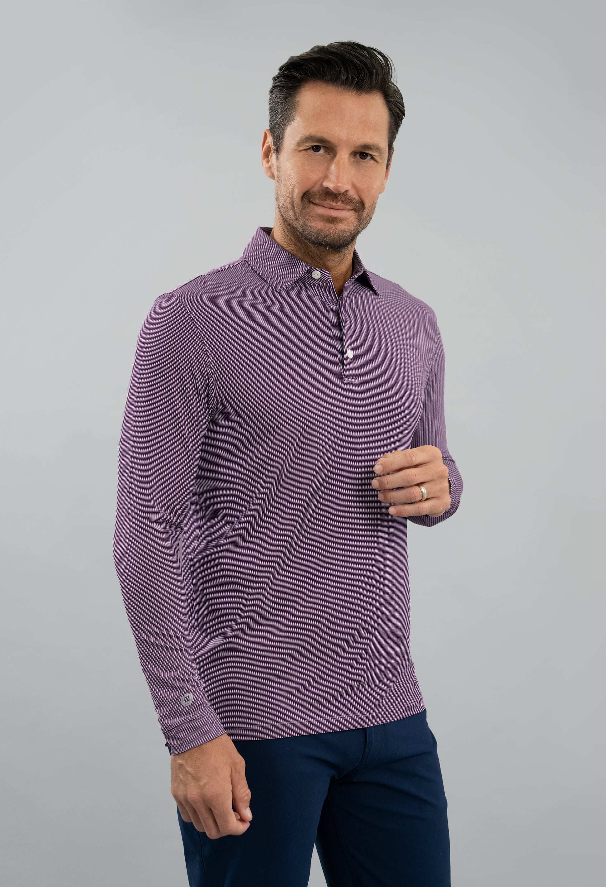IBKÜL - Combo Stitch Long Sleeve Polo - Color: White/Rose/C.Navy