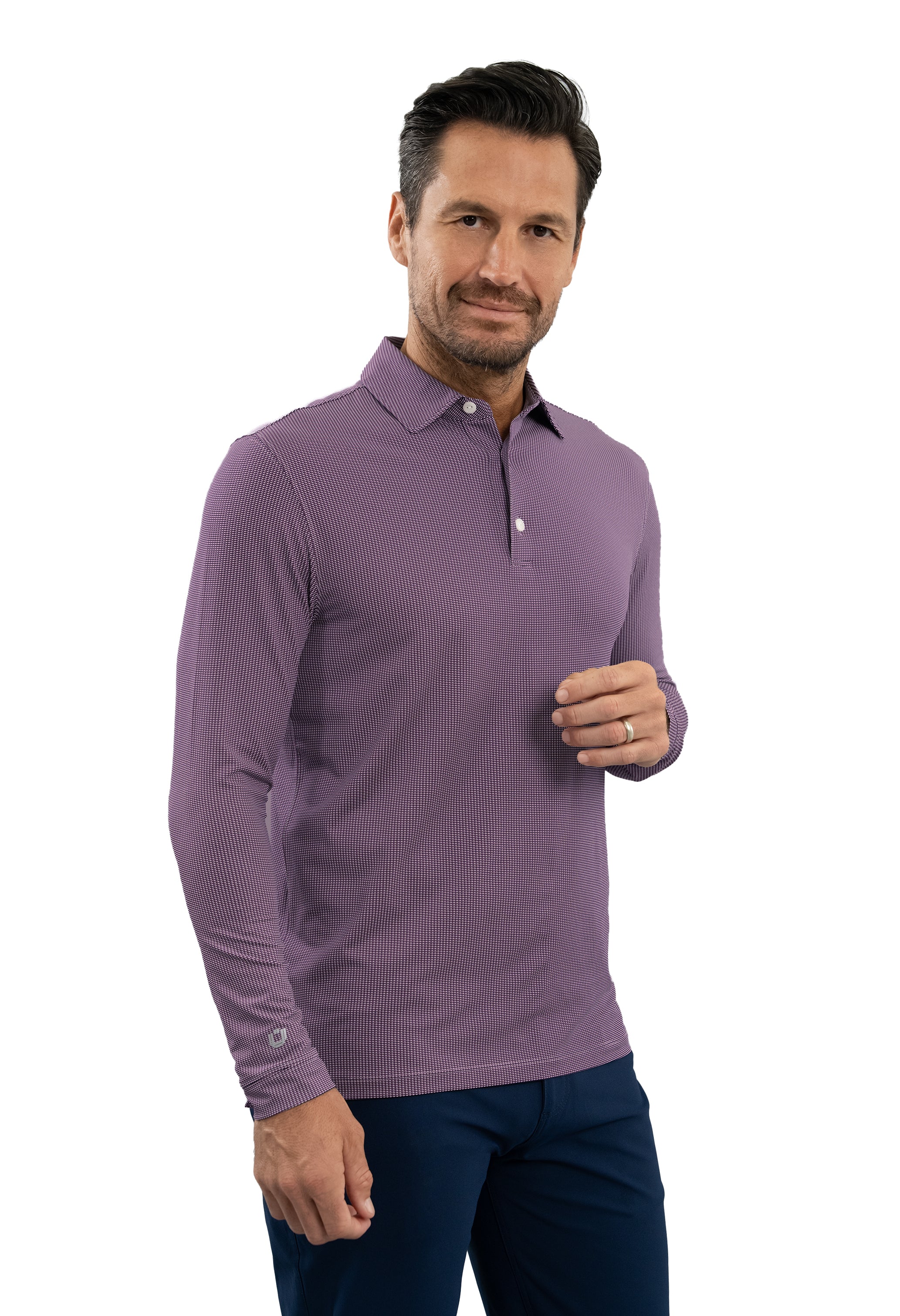 IBKÜL - Combo Stitch Long Sleeve Polo - Color: White/Rose/C.Navy