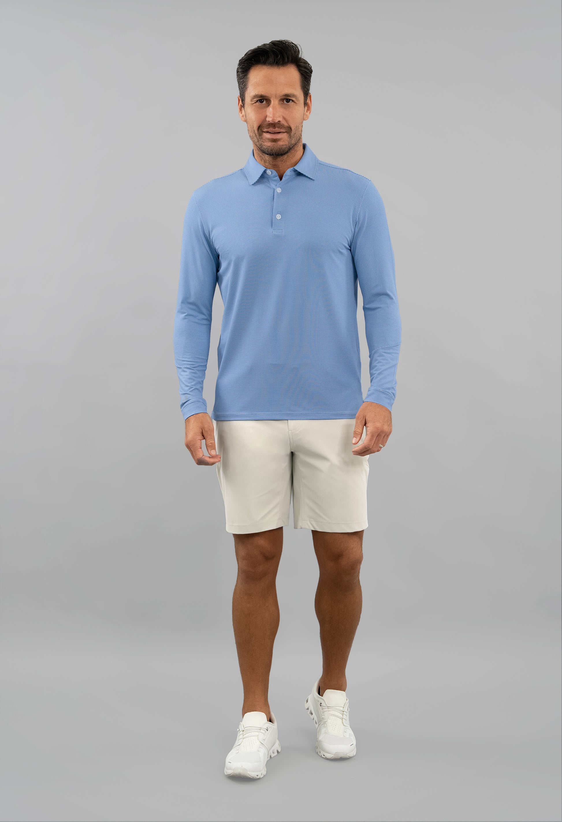 IBKÜL - Combo Stitch Long Sleeve Polo - Color: White/Pool Party/Royal