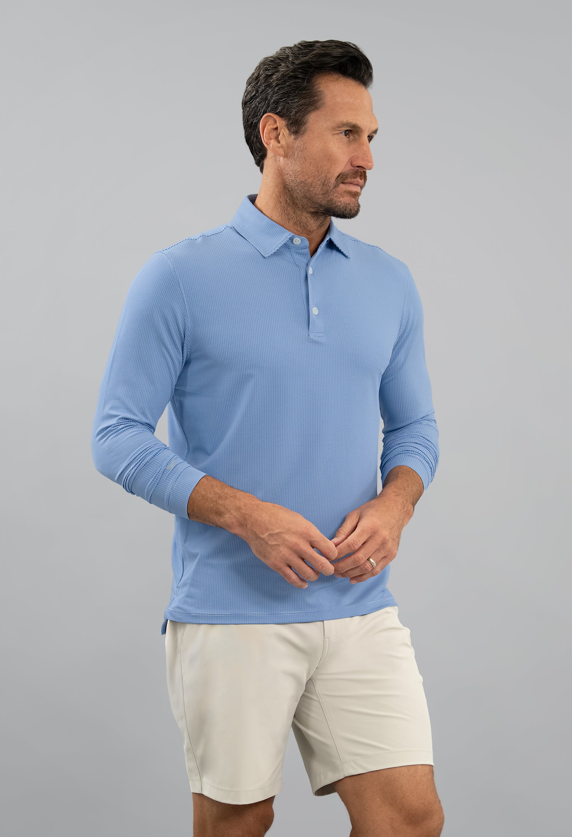 IBKÜL - Combo Stitch Long Sleeve Polo - Color: White/Pool Party/Royal
