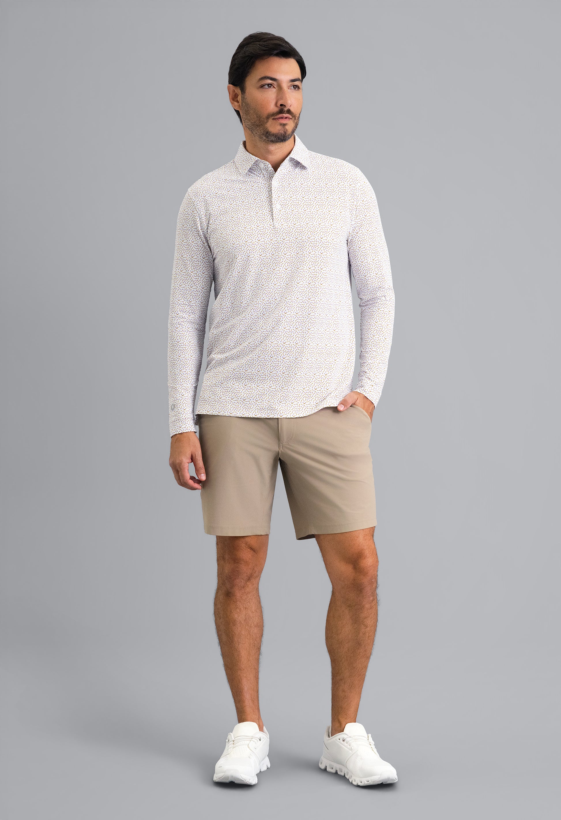 IBKÜL - Throwing Darts Long Sleeve Polo - Color: Peach/Chocolate/Peri