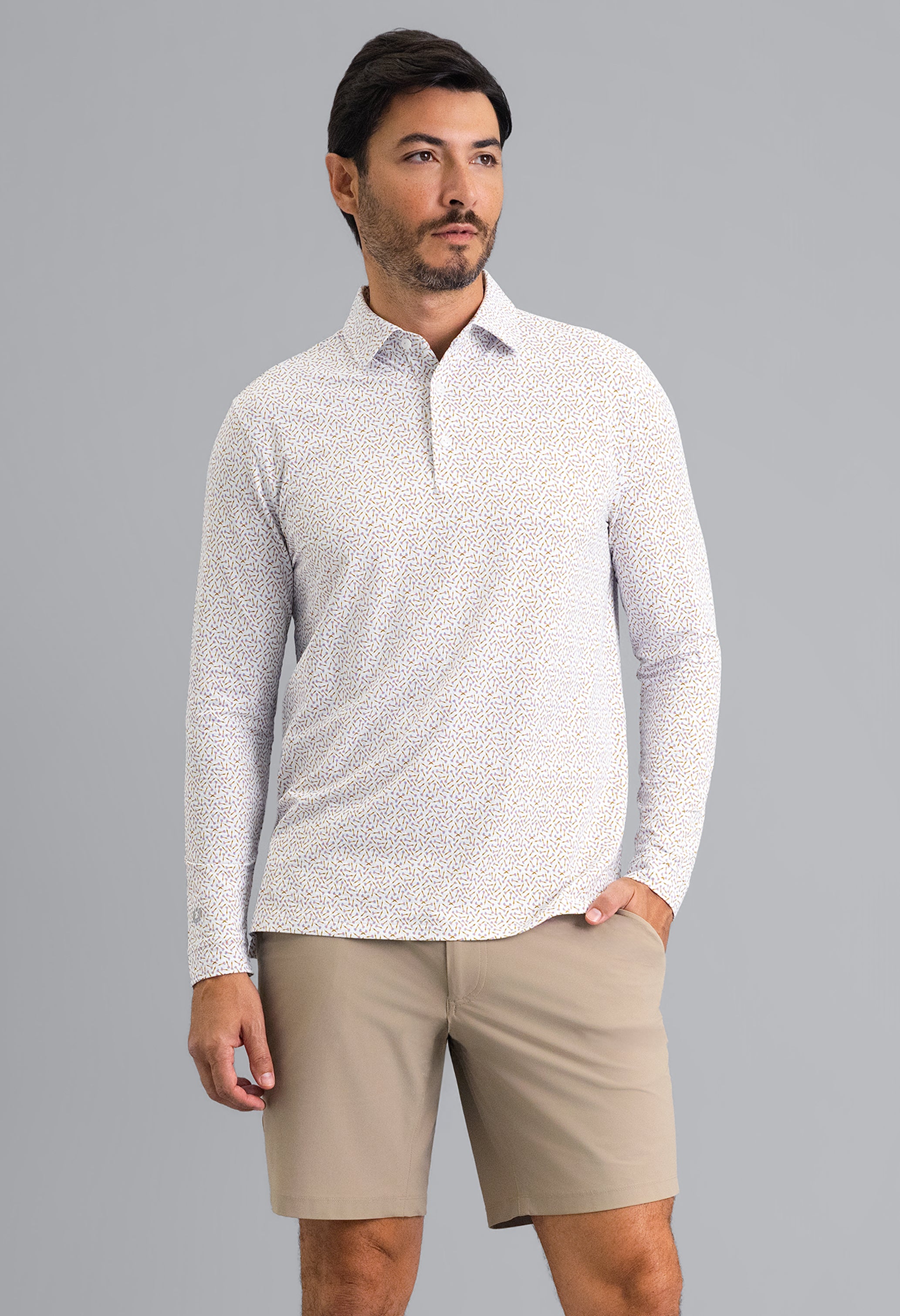 IBKÜL - Throwing Darts Long Sleeve Polo - Color: Peach/Chocolate/Peri