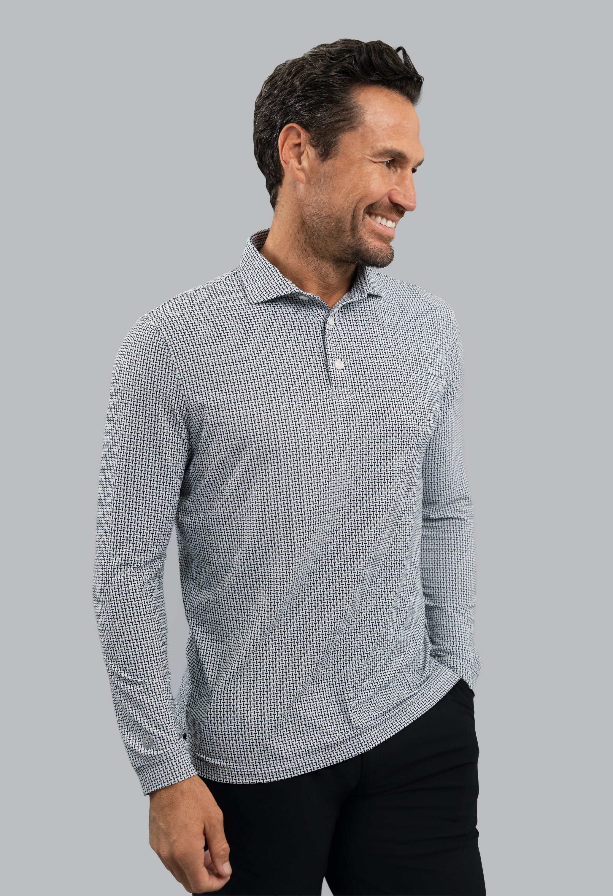 IBKÜL - Landon Long Sleeve Polo - Color: White/Platinum/Black
