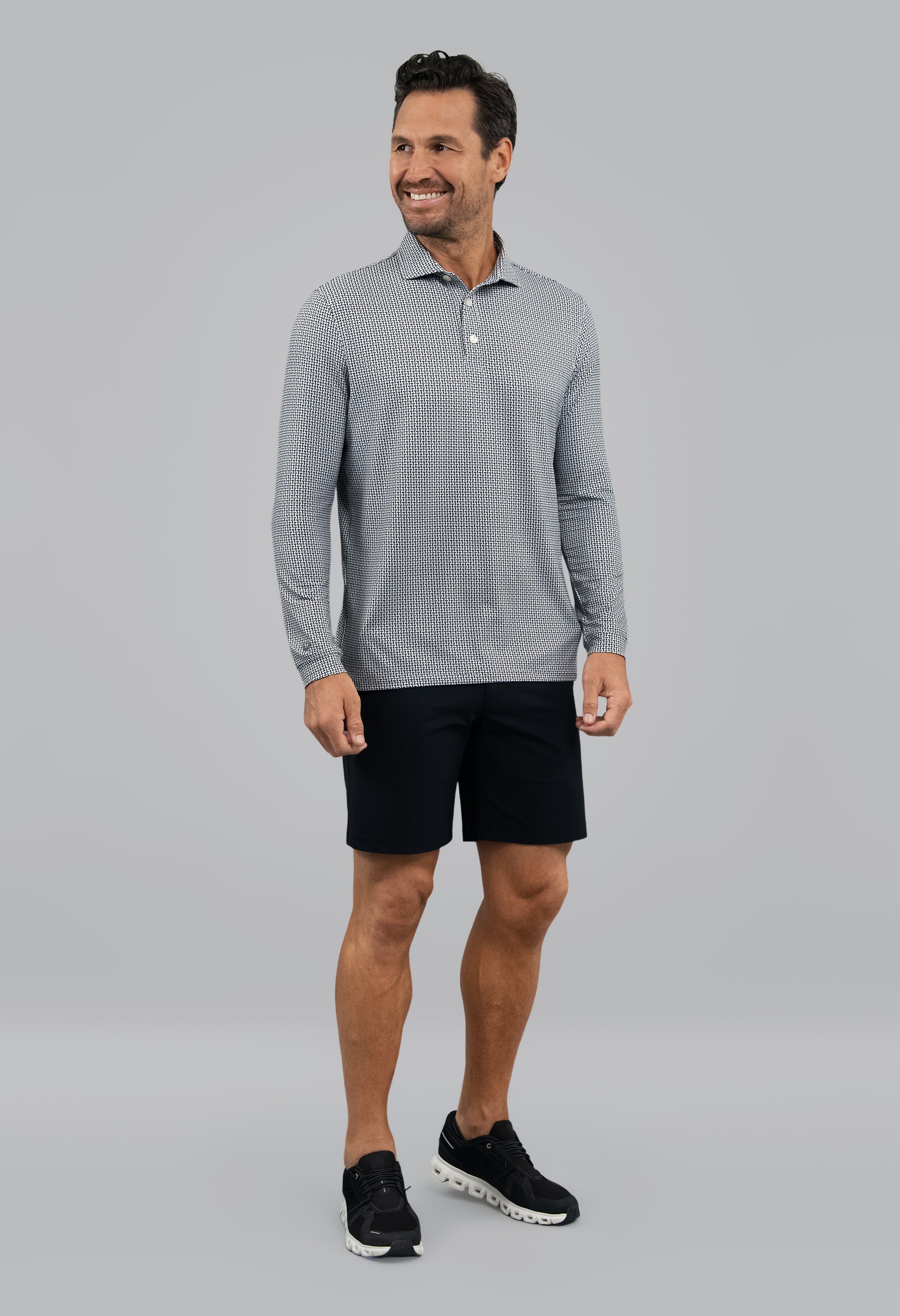 IBKÜL - Landon Long Sleeve Polo - Color: White/Platinum/Black