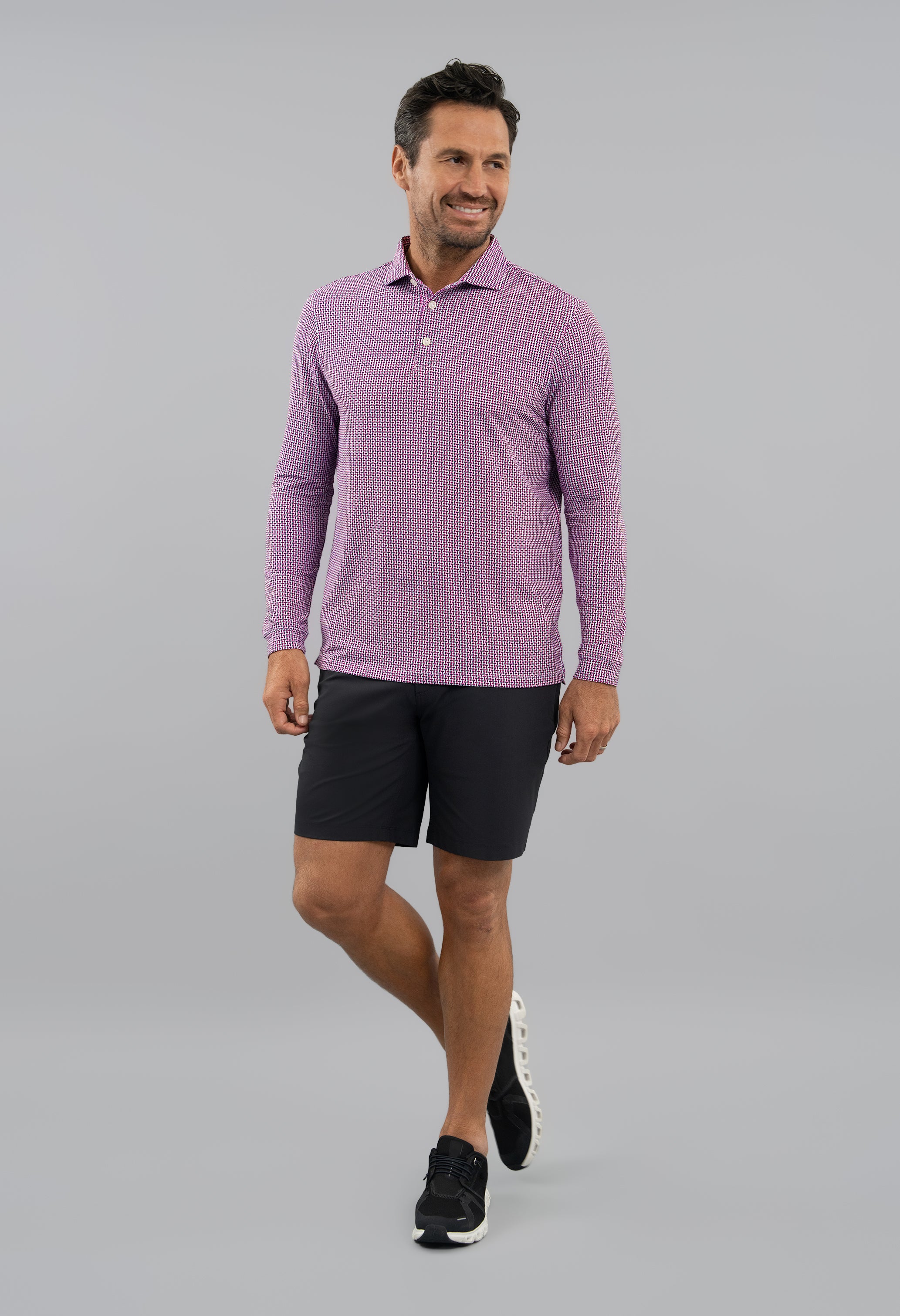 IBKÜL - Landon Long Sleeve Polo - Color: White/Platinum/Black