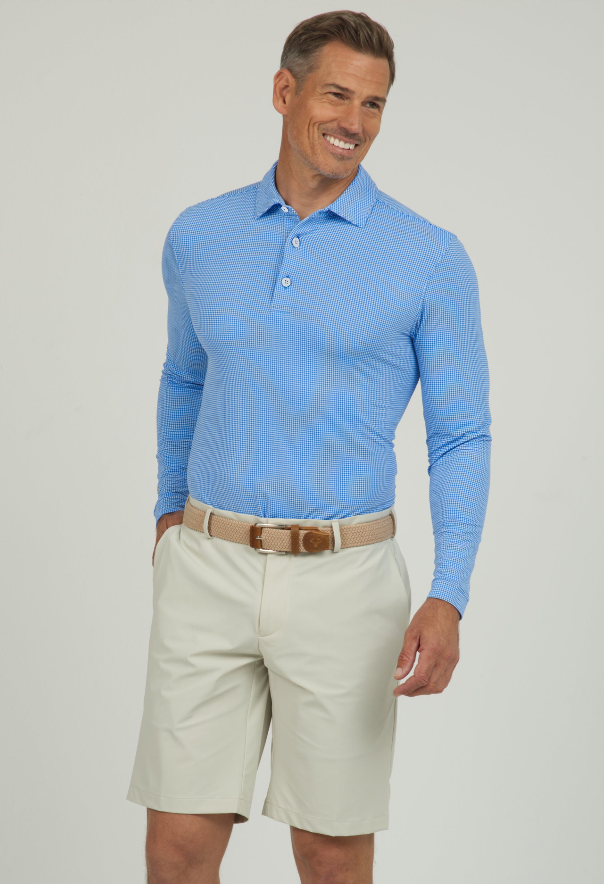 Mini Check Print Long Sleeve Polo (Modern Fit)