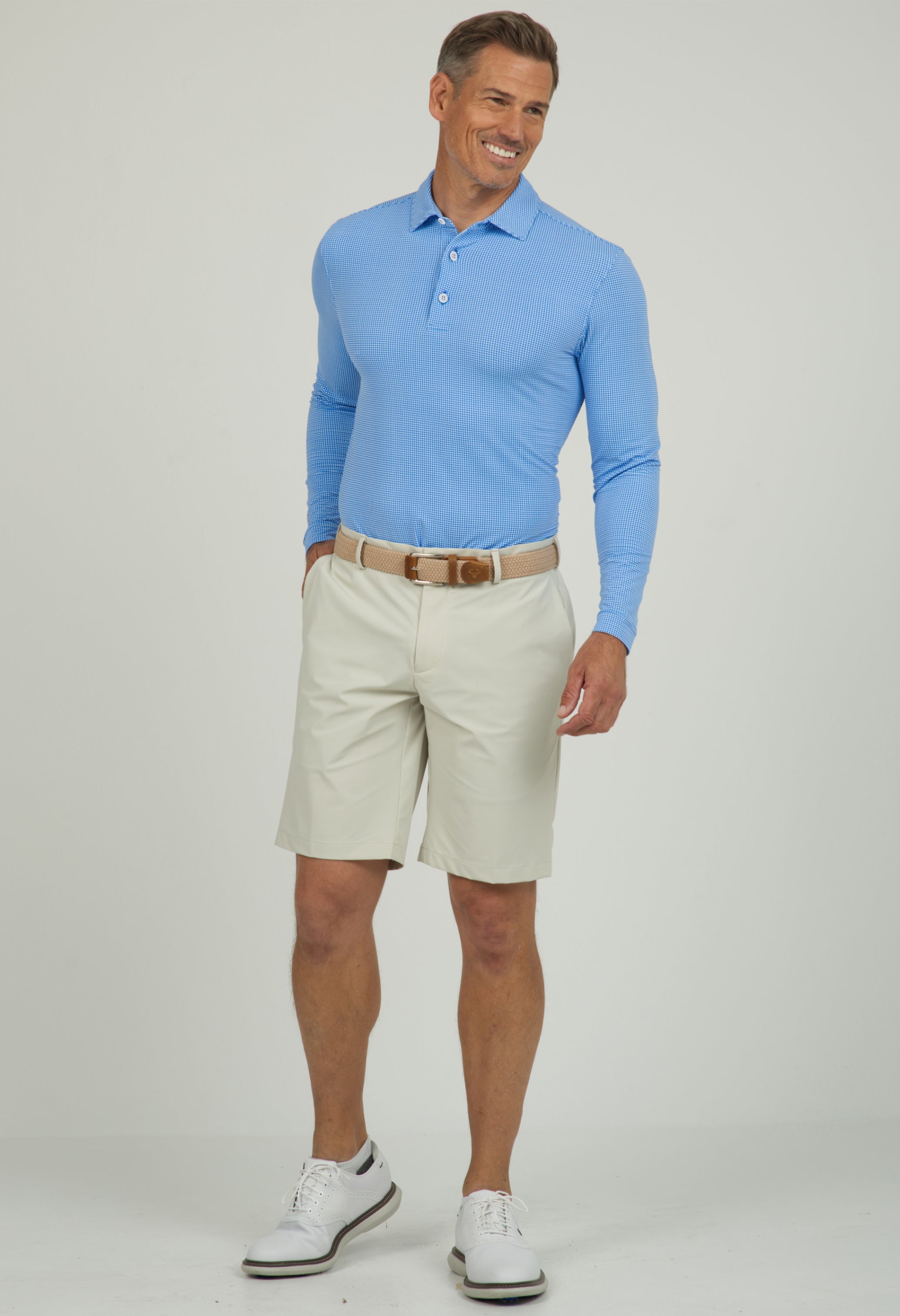Mini Check Print Long Sleeve Polo (Modern Fit)