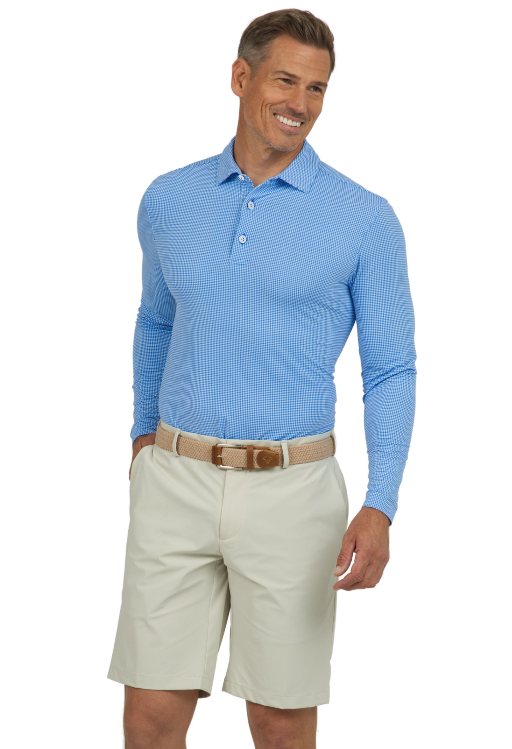 Mini Check Print Long Sleeve Polo (Modern Fit)